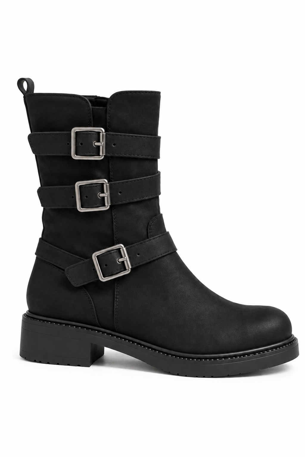 Harley Luxe Triple Buckle Slouch Faux Suede Biker Zip Up Ankle Boots Black