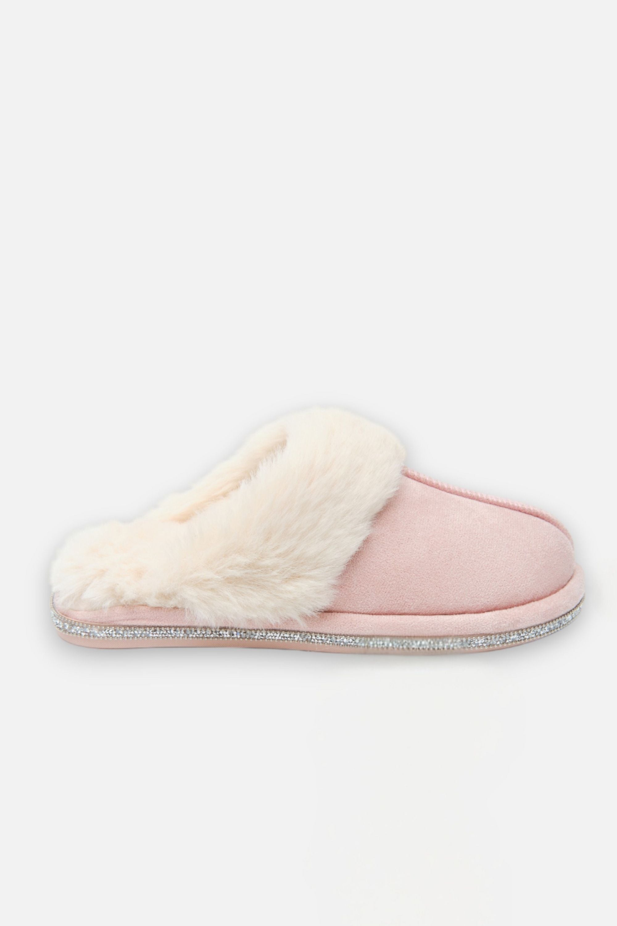 Crystal Trim Cosy Slippers Pink, drawing attention to soft Material Outer