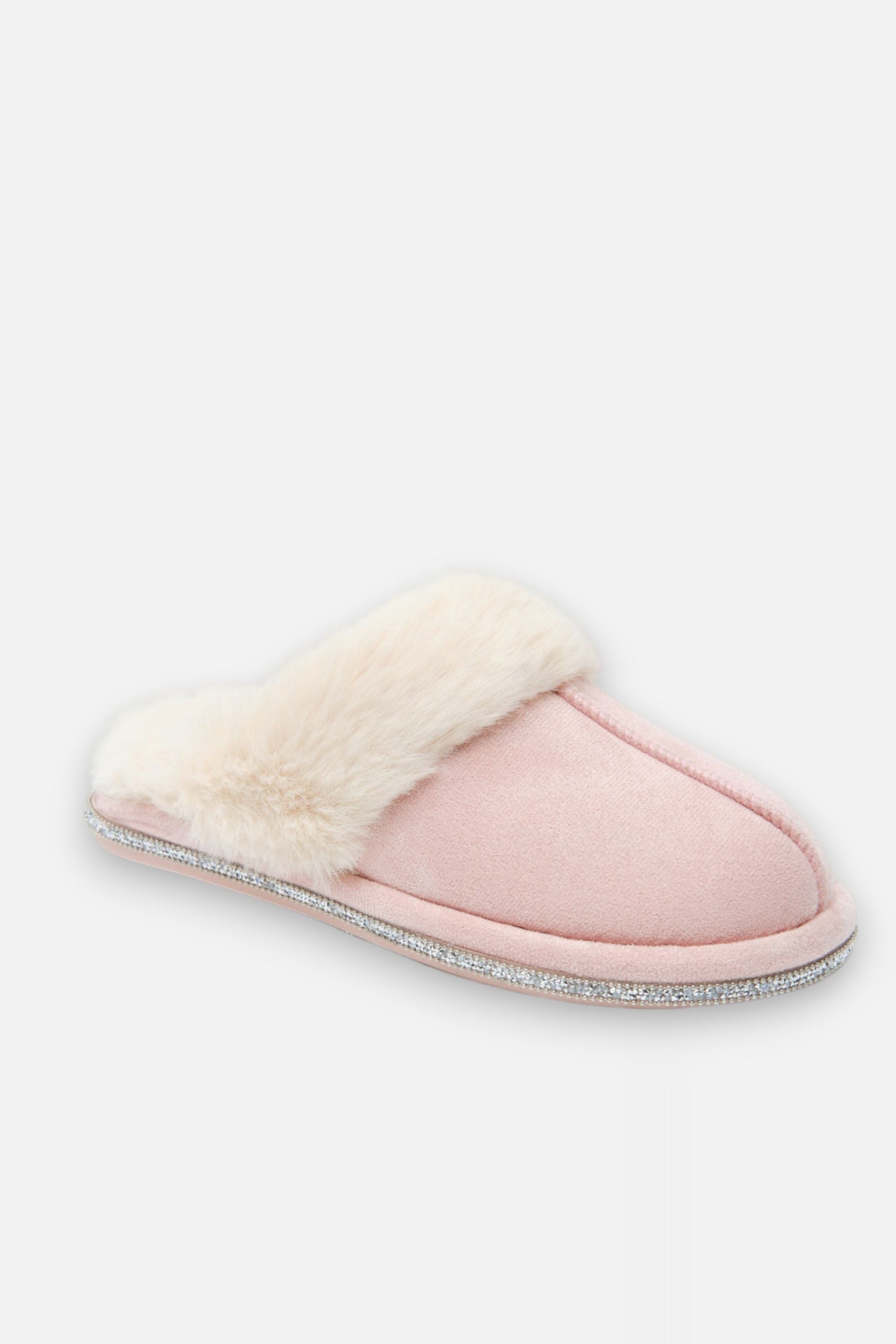 Crystal Trim Cosy Slippers Pink, featuring wipe Clean