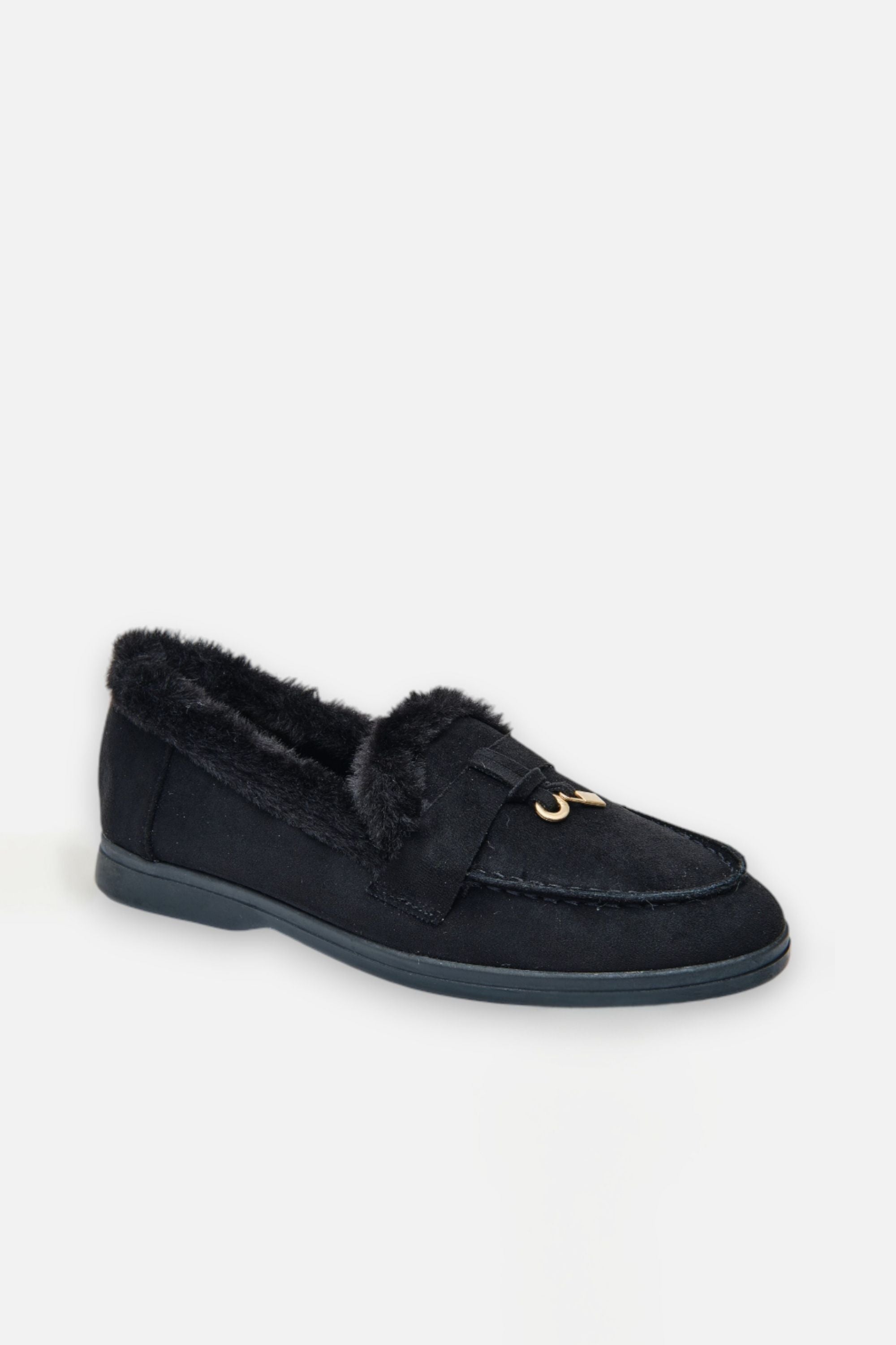 Velvet Crush Loafers Black, focused on decorative gold-tone ring and strap across upper