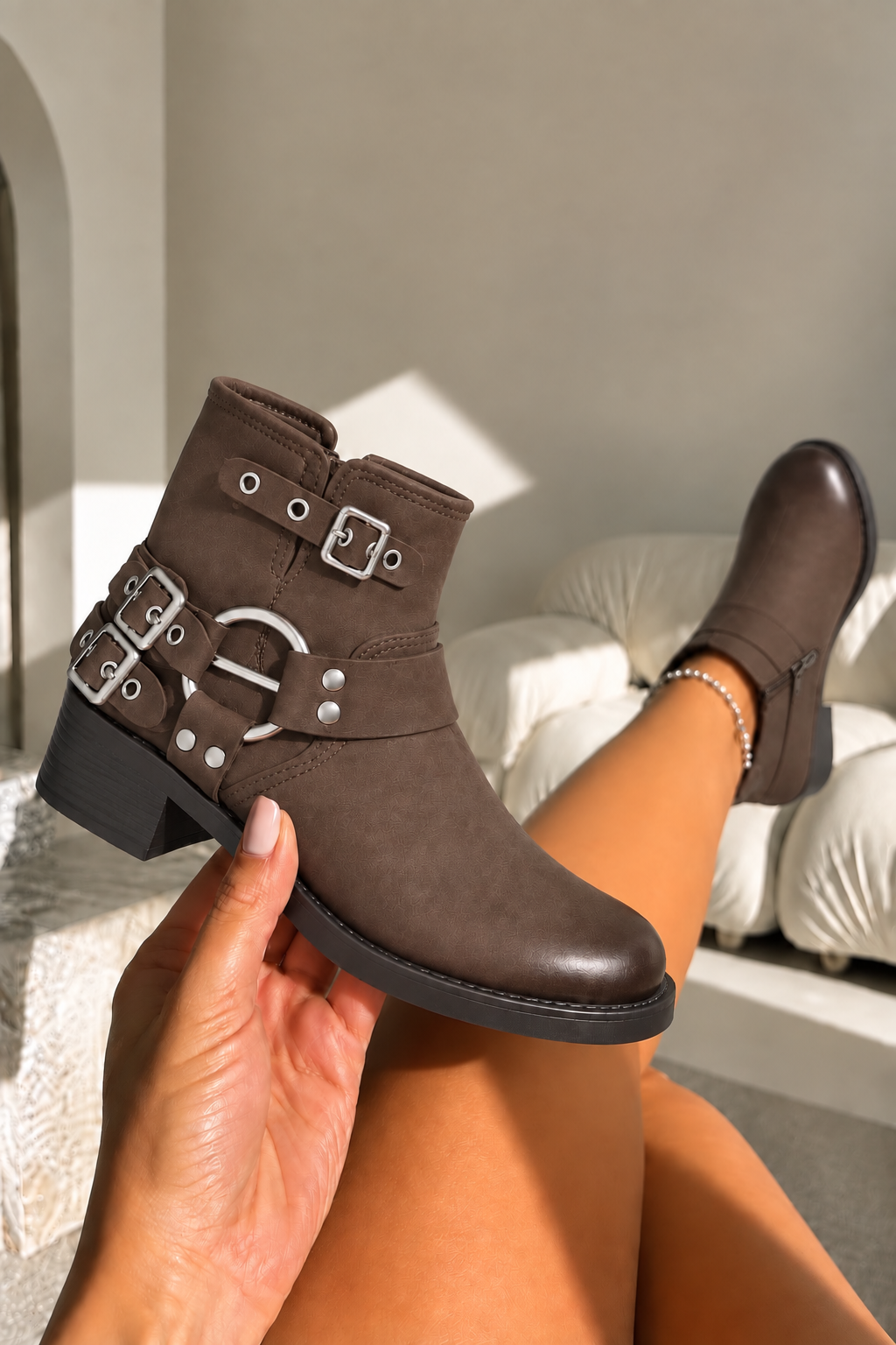 Ryder Luxe Harness Buckle Biker Low Heel Zip Up Faux Leather Ankle Boots Brown