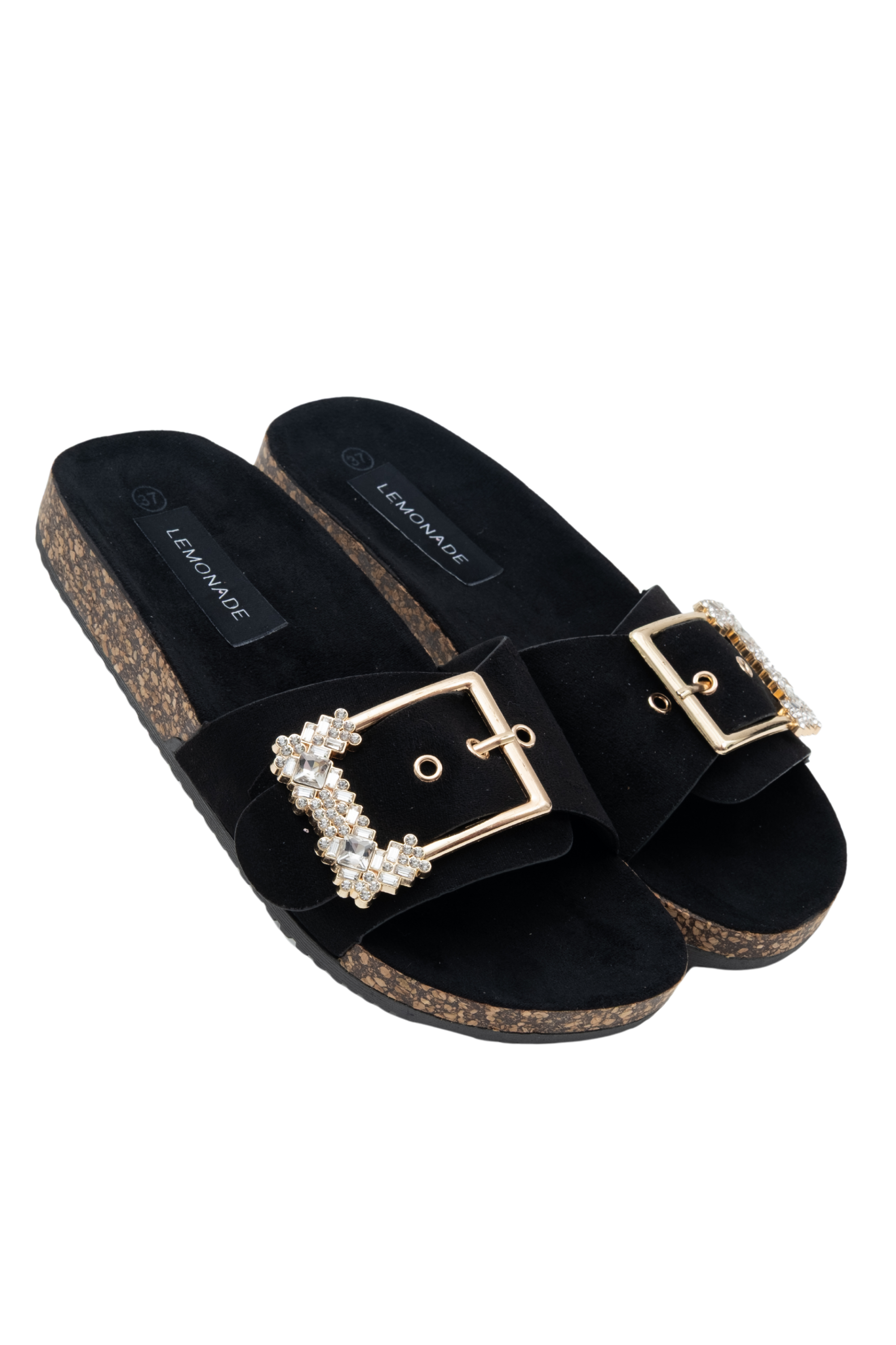 Crystal Chunky Buckle Sliders Black, featuring slip-On Design