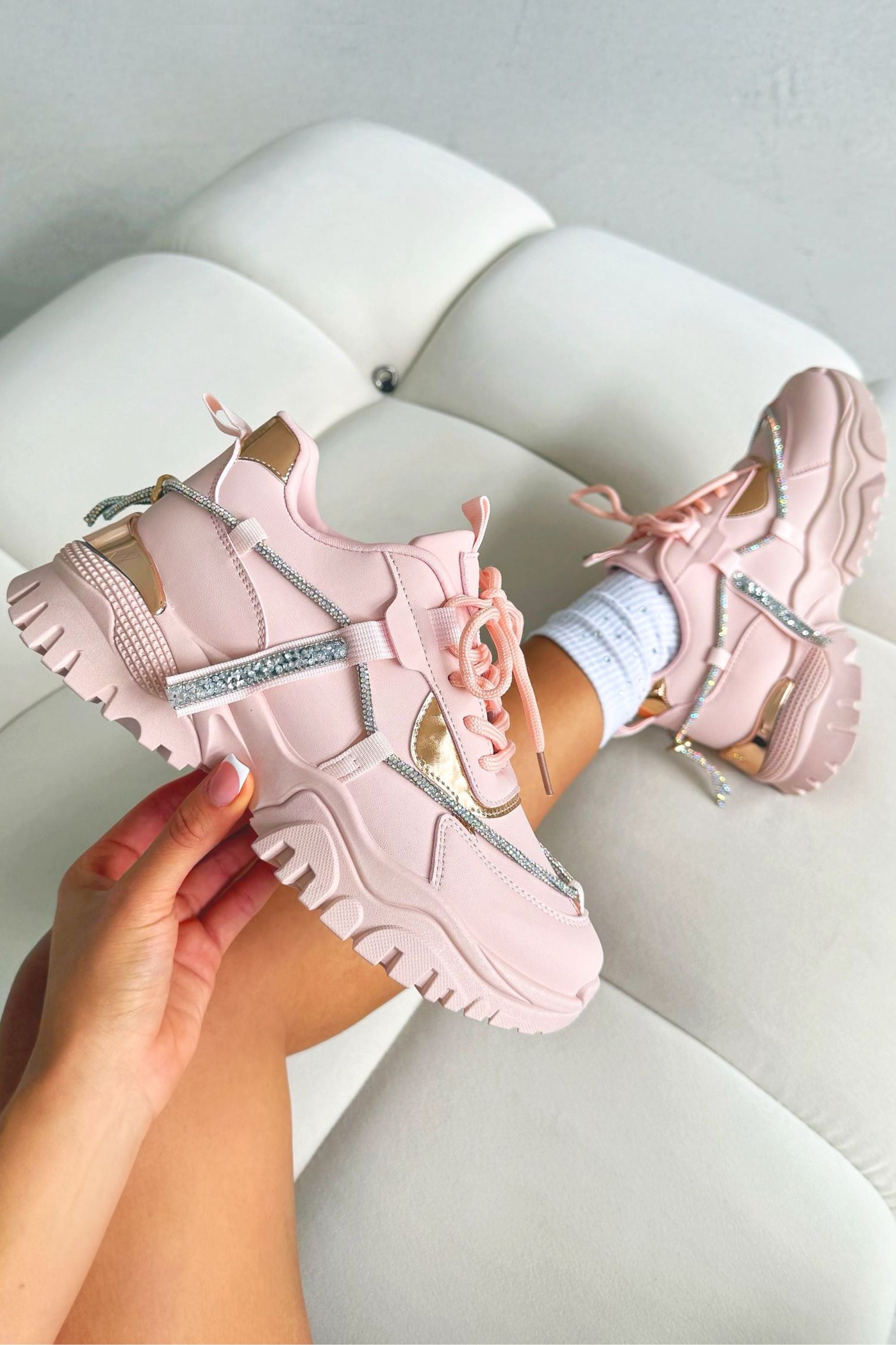 Crystal Track Luxe Chunky Trainers Baby Pink
