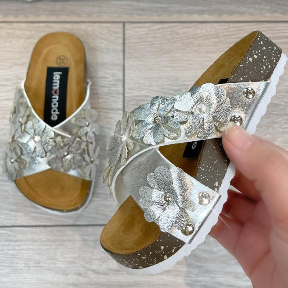 Little Lemmy Crystal Blossom Sandals Silver, focused on flower Decoration on Straps
