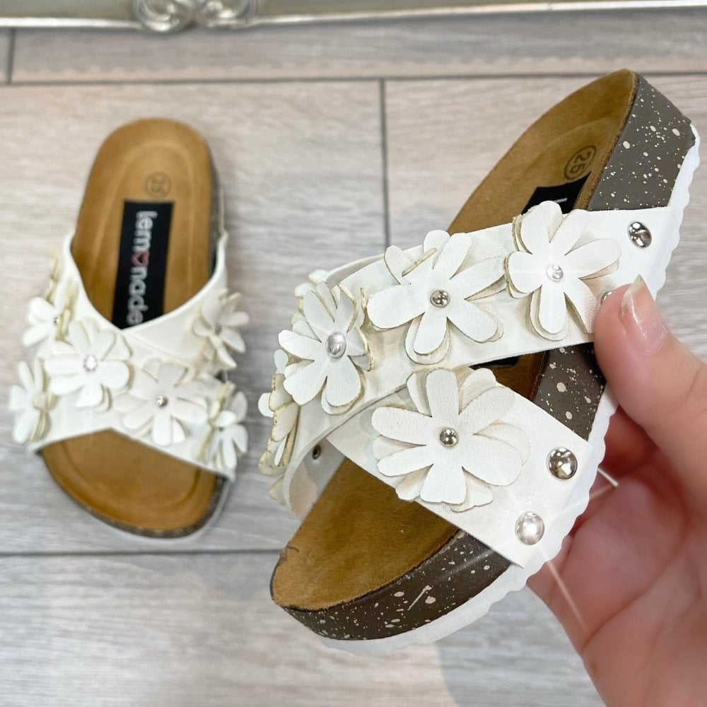 Little Lemmy Crystal Blossom Sandals White, drawing attention to flower Decoration on Straps