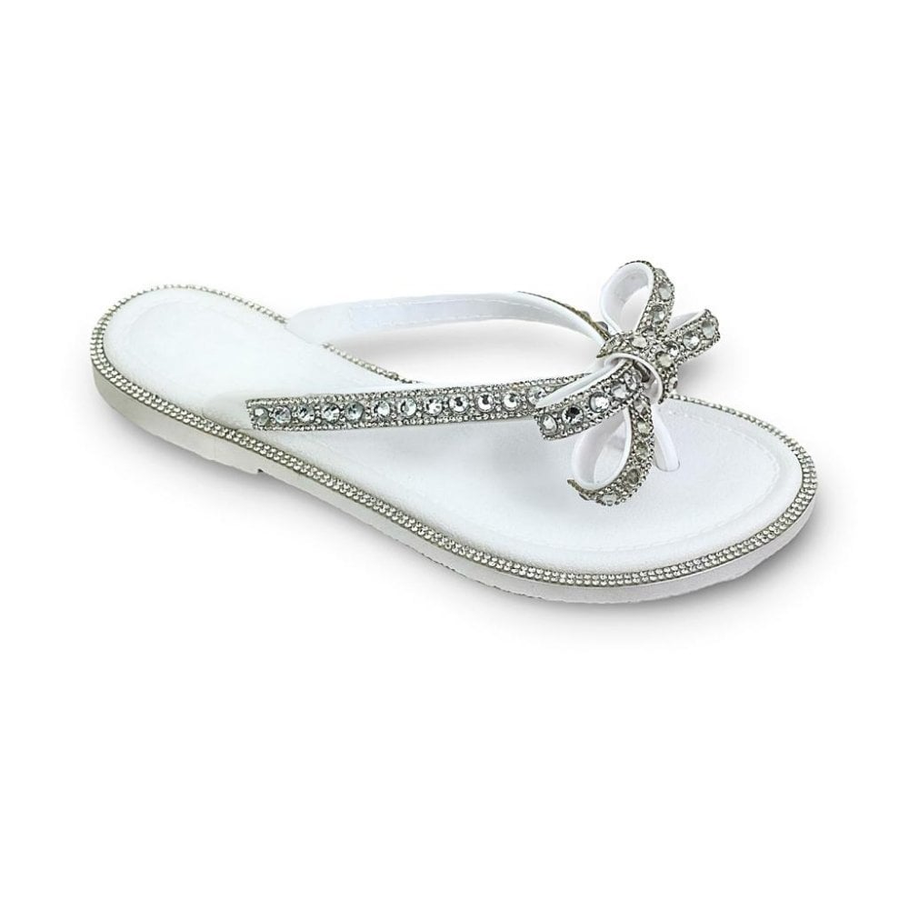 Crystal Glamour Bow Flip Flops Limited Edition White, focused on embellished Trim
