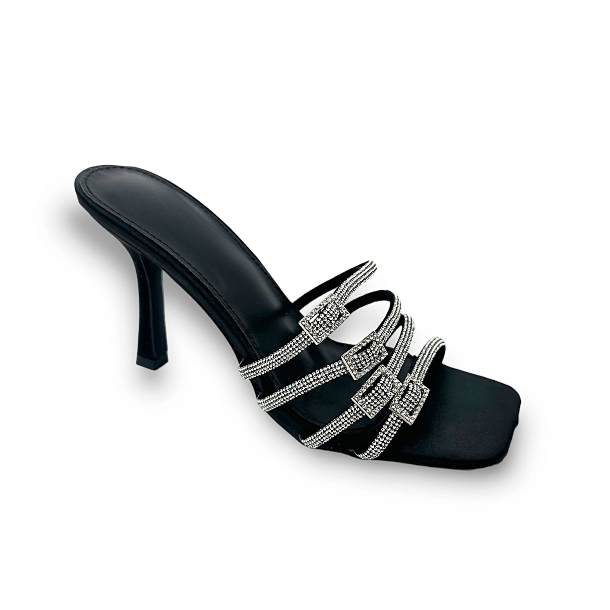 Crystal Multi Buckle Heels Black, capturing square Toe Design