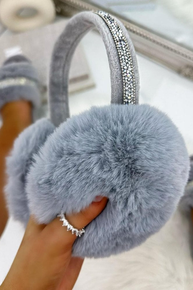 Sparkly Crystal Fluffy Faux Fur Ear Muffs Grey