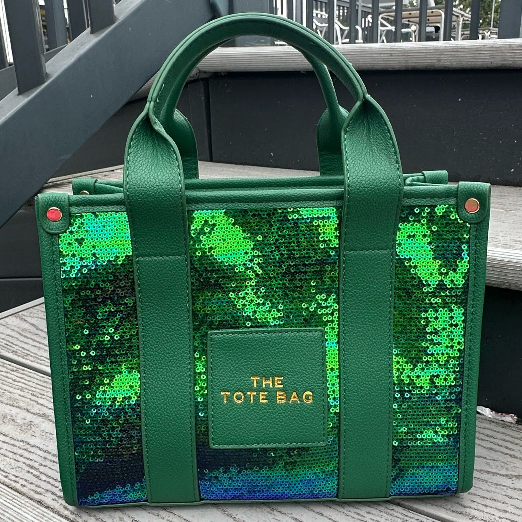 Glitter Twinkle Medium Tote Bag Peacock Green, featuring come with long strap to wear cross body or on shoulder