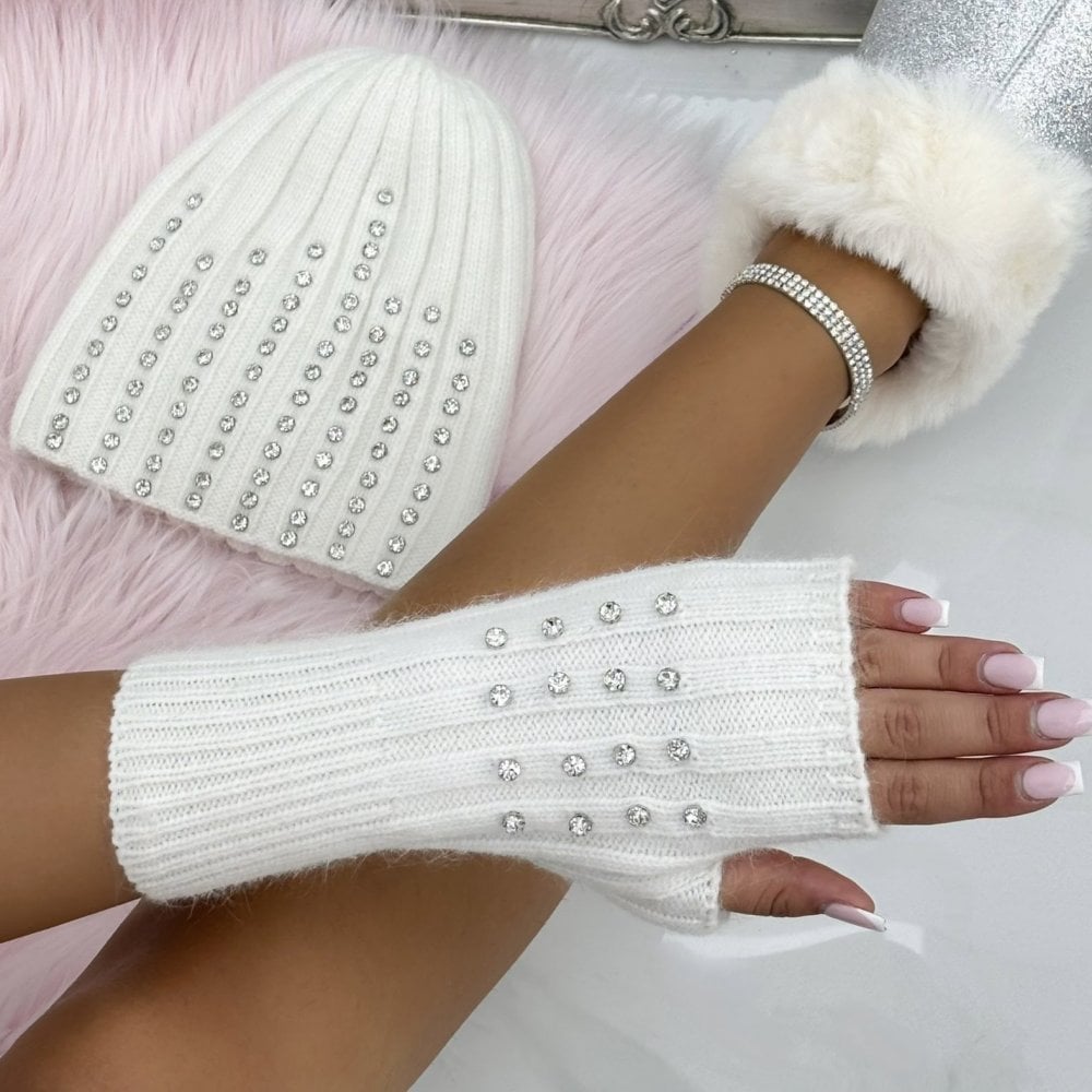 Crystal Luxe Fingerless Gloves White designed with luxury Hand Knitted Fingerless Gloves