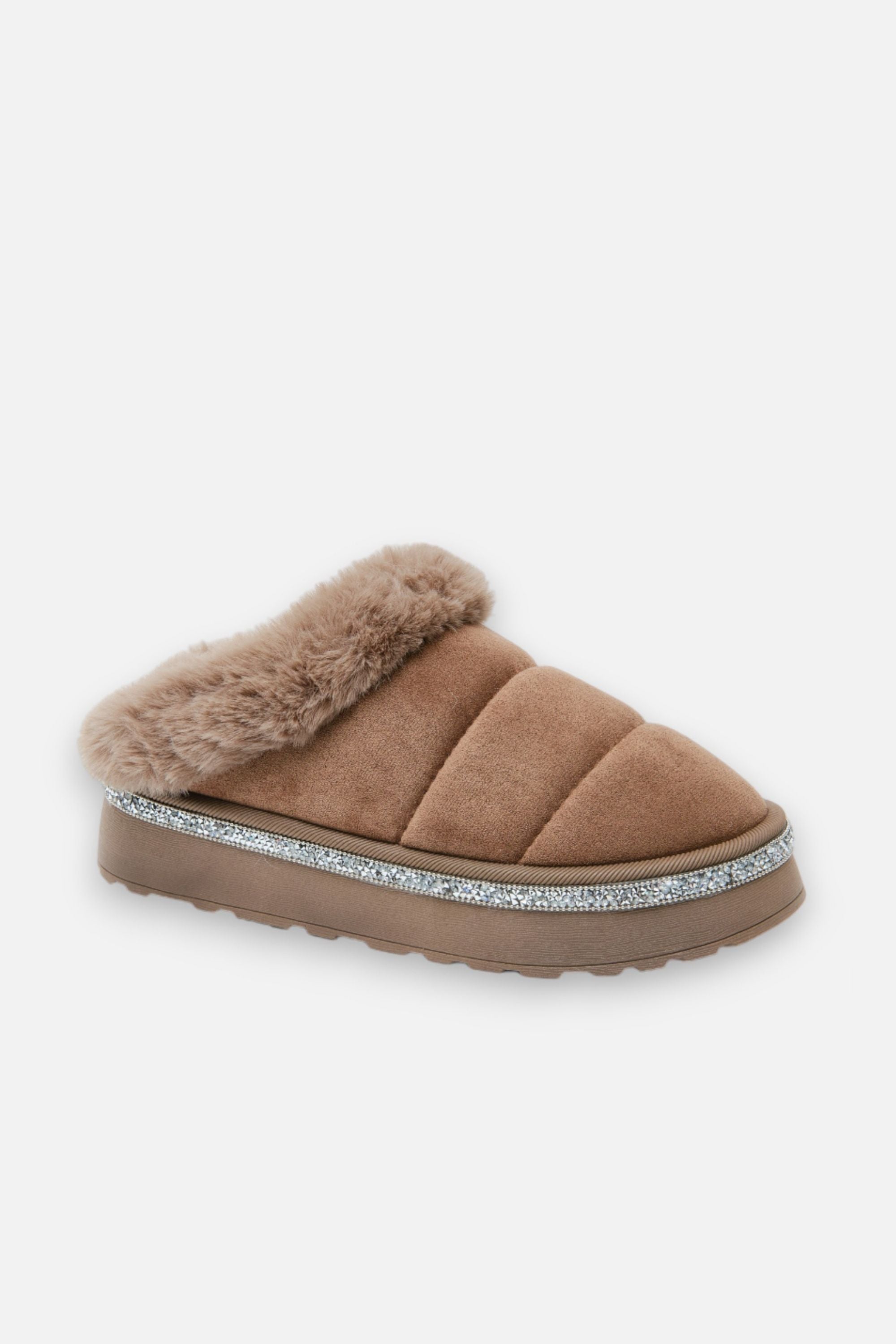 Crystal Trim Soft Touch Slippers Brown, capturing embellished Crystal Trim
