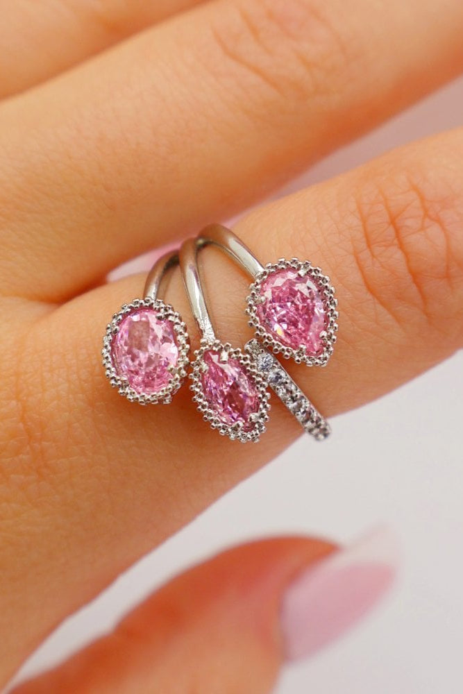 Crystal Triple Teardrop Ring Pink