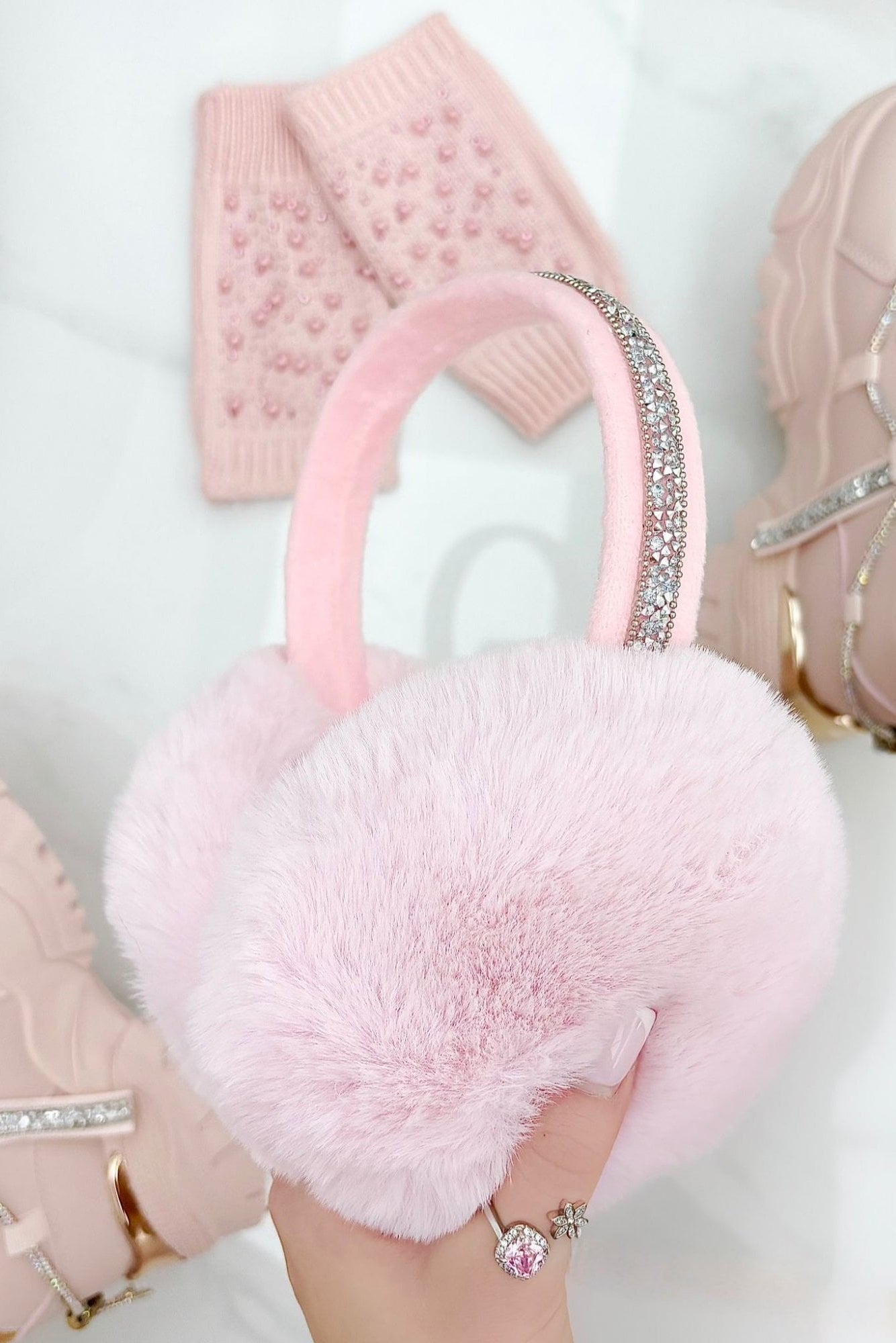 Sparkly Crystal Fluffy Faux Fur Ear Muffs Baby Pink designed with available in Black, White, Pink, Grey, Cream and Baby Pink