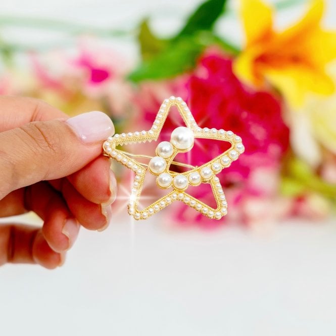 Sparkly Starstruck Pearl Hair Clip Gold, showcasing gold-tone with ivory faux pearls
