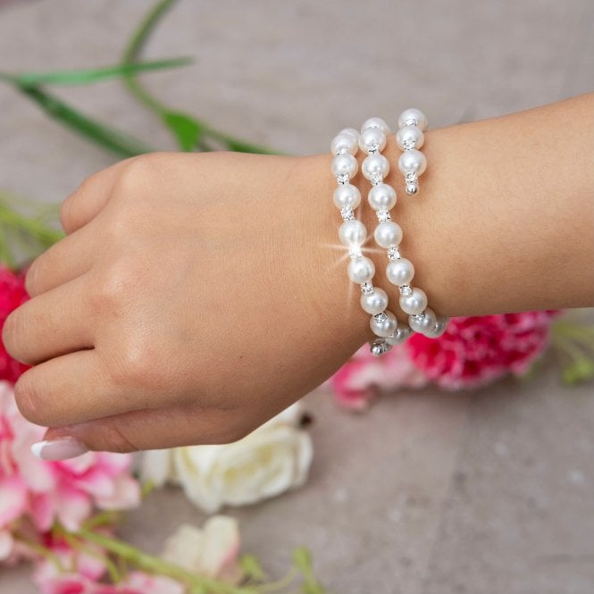 Crystal Enchanted Pearl Bangle Bracelet Silver, showcasing stretchable elastic band for a comfortable, flexible fit