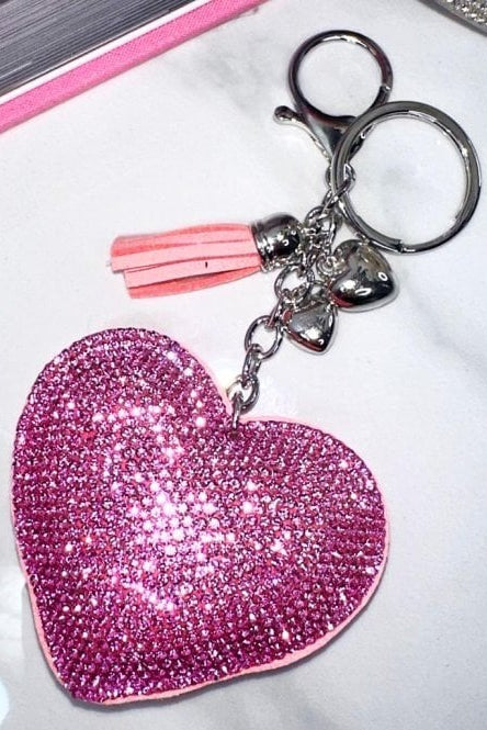Crystal Padded Heart Keyring Baby Pink with crystal embellishment