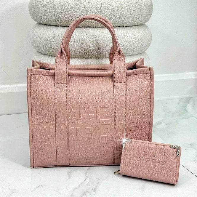 Faux Leather Medium Tote Bag Baby Pink, drawing attention to dual structured handles