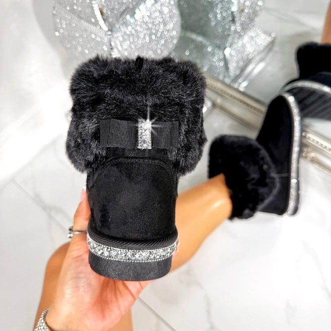 Crystal Faux Suede Snuggle Cloud Cuff Faux Fur Boots Black finished with plush faux-shearing lining