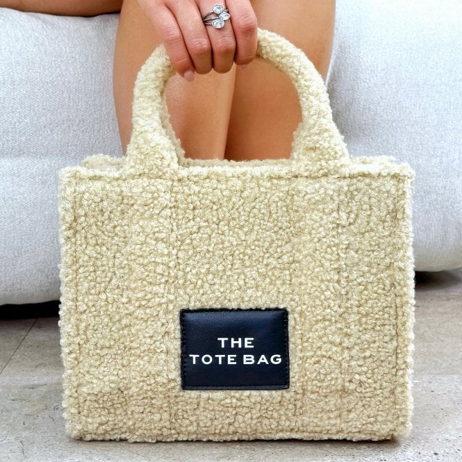 Classic Teddy Medium Tote Beige & Zip Up Tote Bag Purse Black Bundle, bringing attention to dimensions of approximately 20cm tall, 27cm wide and 9.5cm deep.