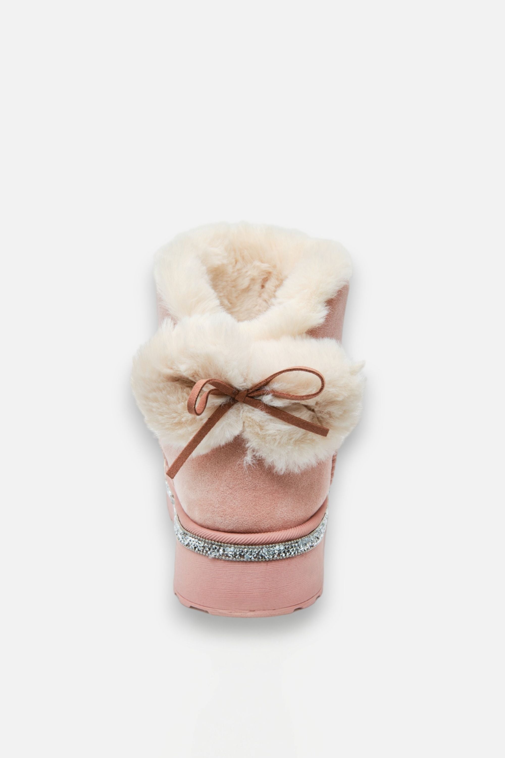 Crystal Faux Fur Bow Snugg Boots Pink, featuring durable rubber platform with crystal trim