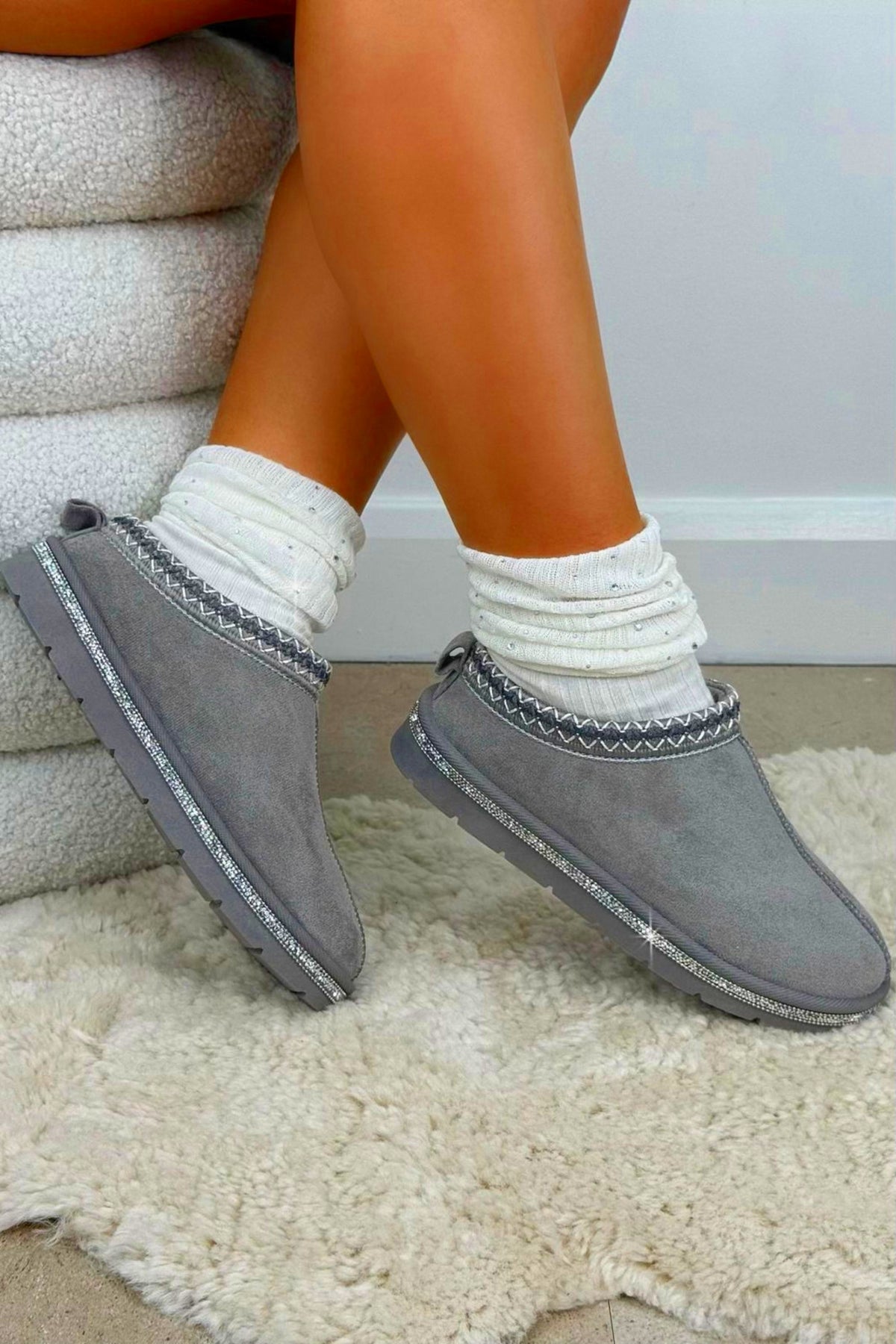Crystal Tazgirl Faux Fur Lined Mule Clog Slippers Grey featuring a luxurious crystal trim