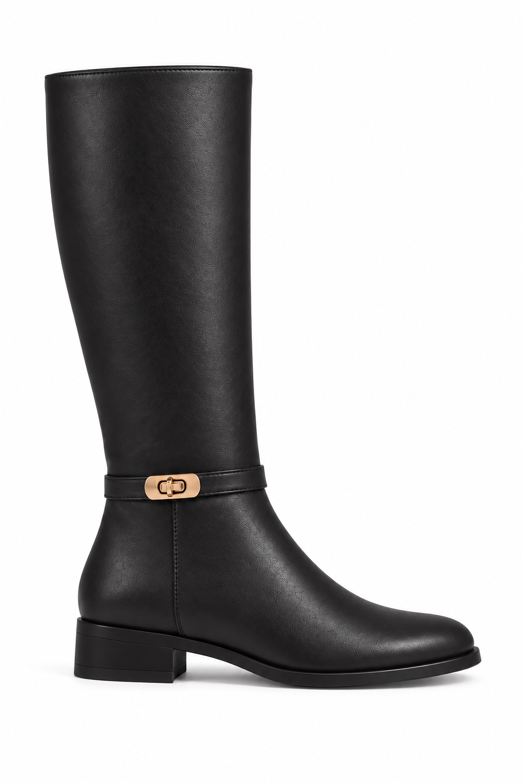 Mayfair Luxe Iconic Buckle Leather Look High Boots Black