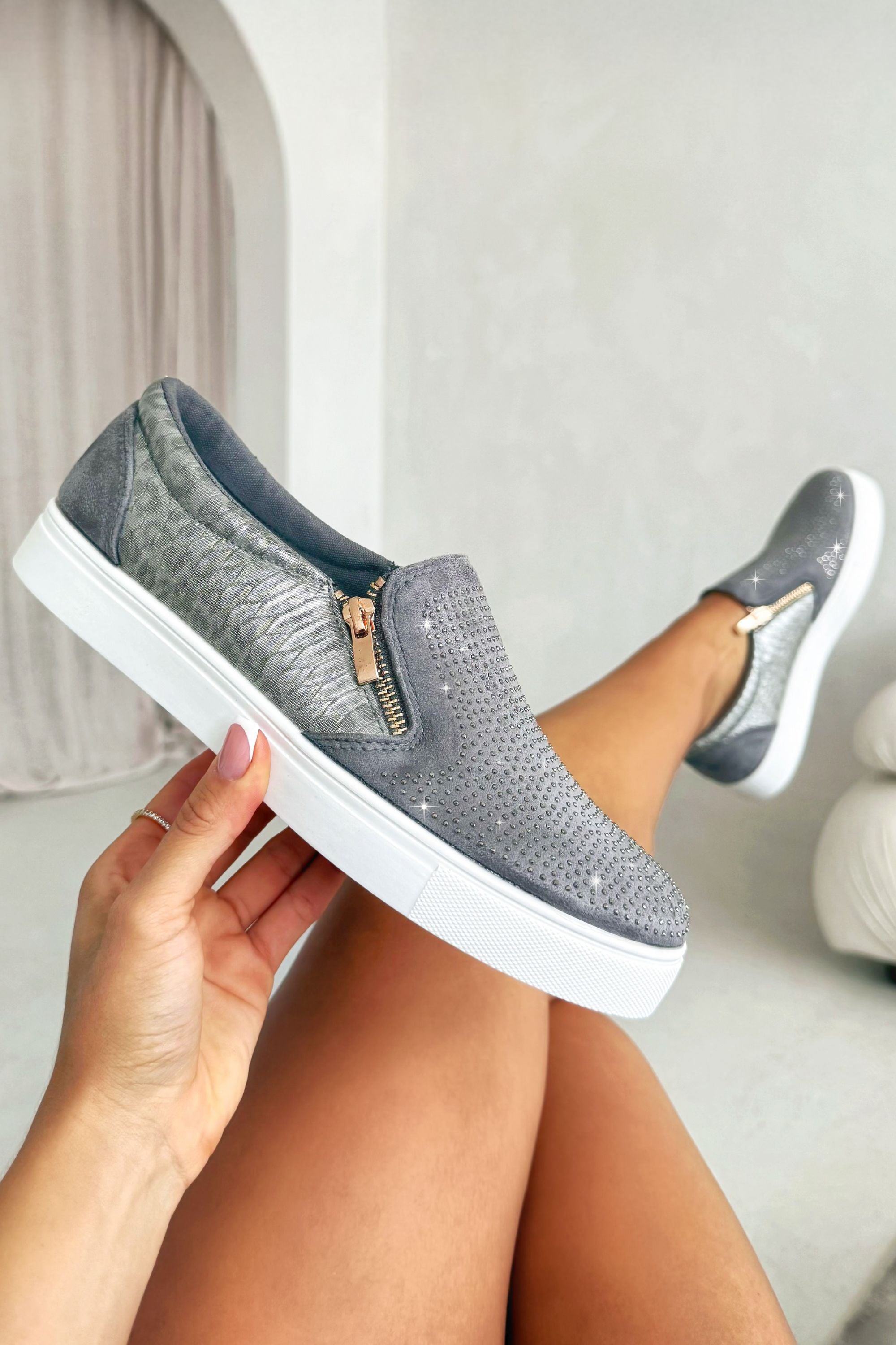 Crystal Suede Zip Pumps Grey Trainers designed with crystal-embellished