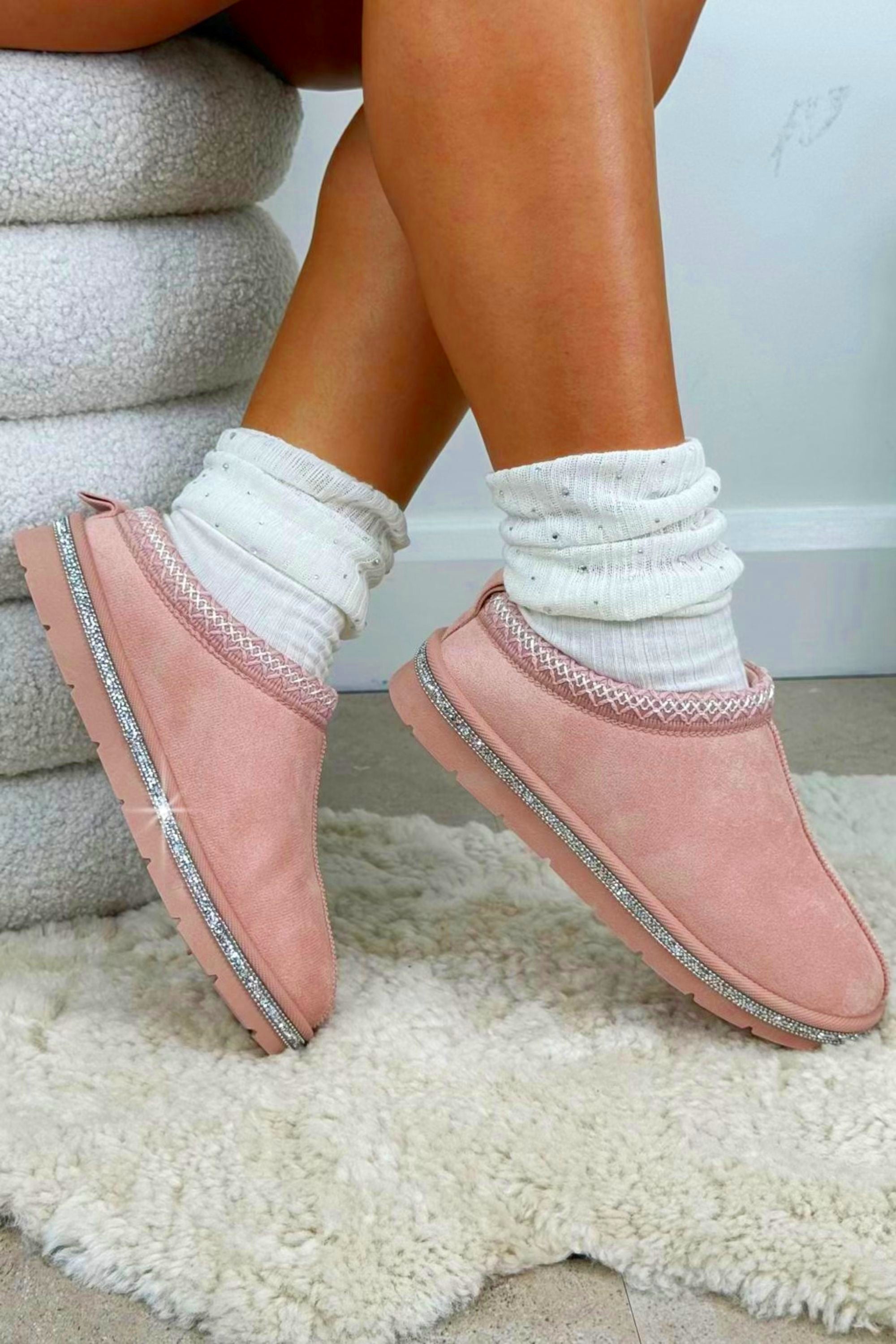 Crystal Tazgirl Faux Fur Lined Mule Clog Slippers Pink, bringing attention to luxe faux-suede upper