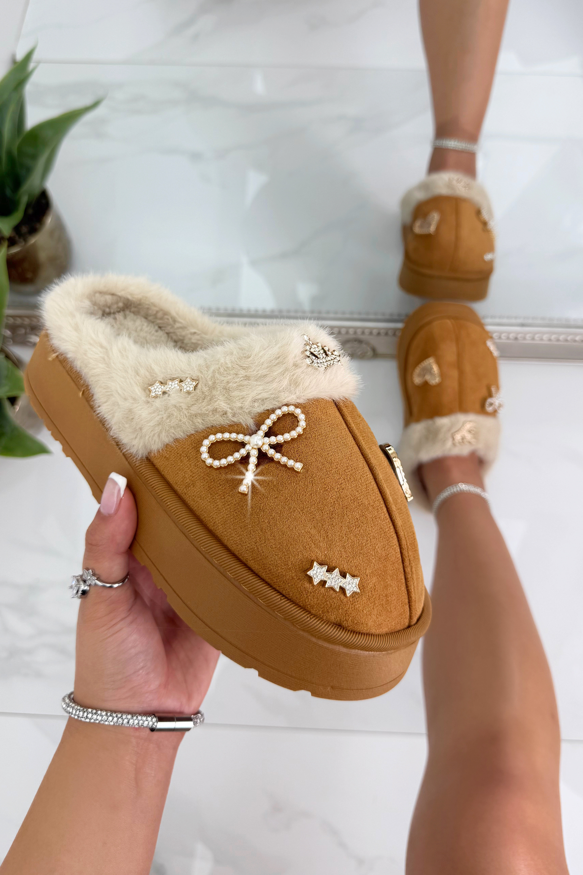 Crystal Sweetheart Cosy Luxe Faux Fur Lined Slippers Camel finished with crystal-studded heart and bow appliques