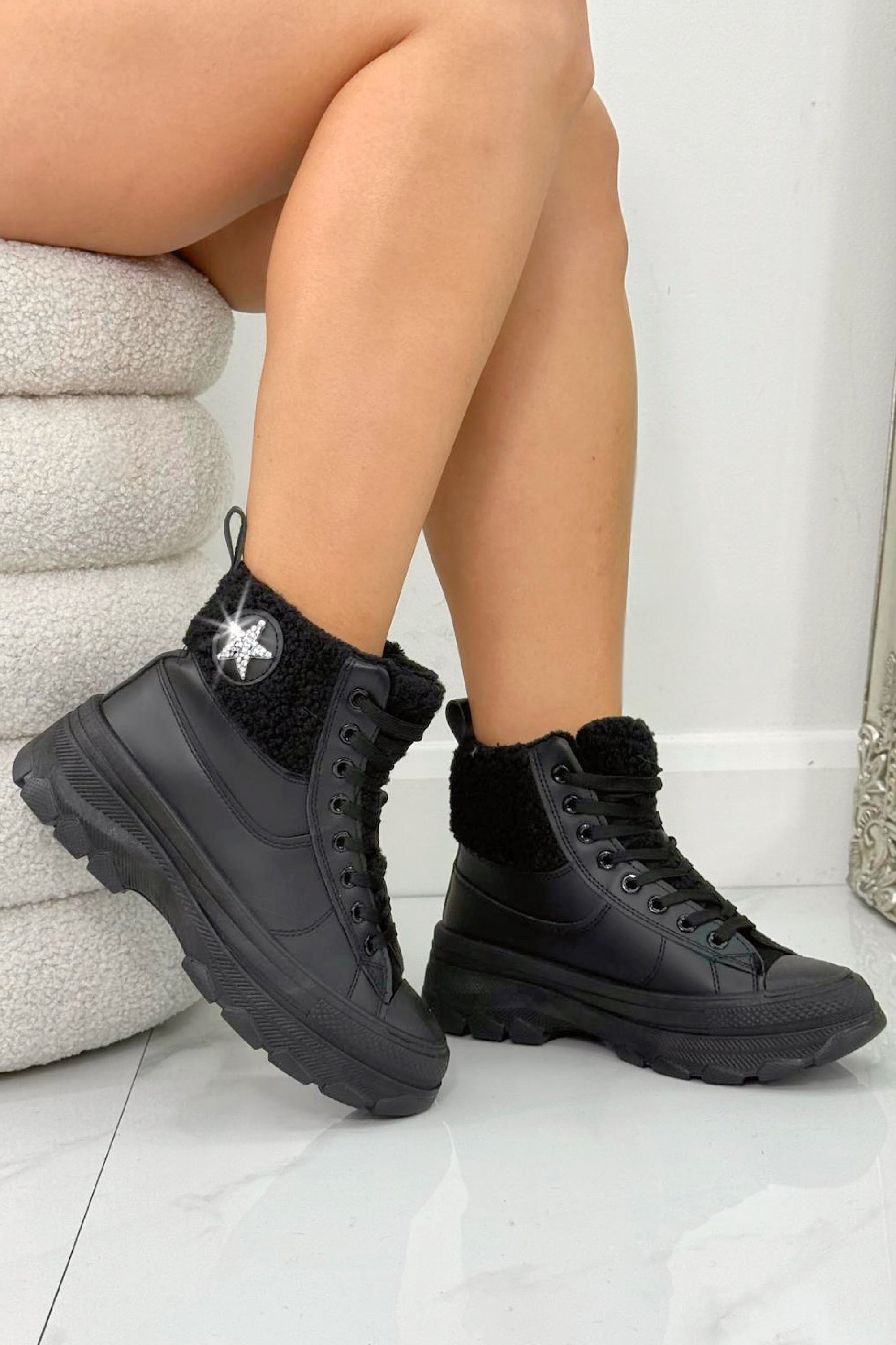 Crystal Starstruck Platform Ankle Trainer Boots Black, with emphasis on crystal embellished star emblem