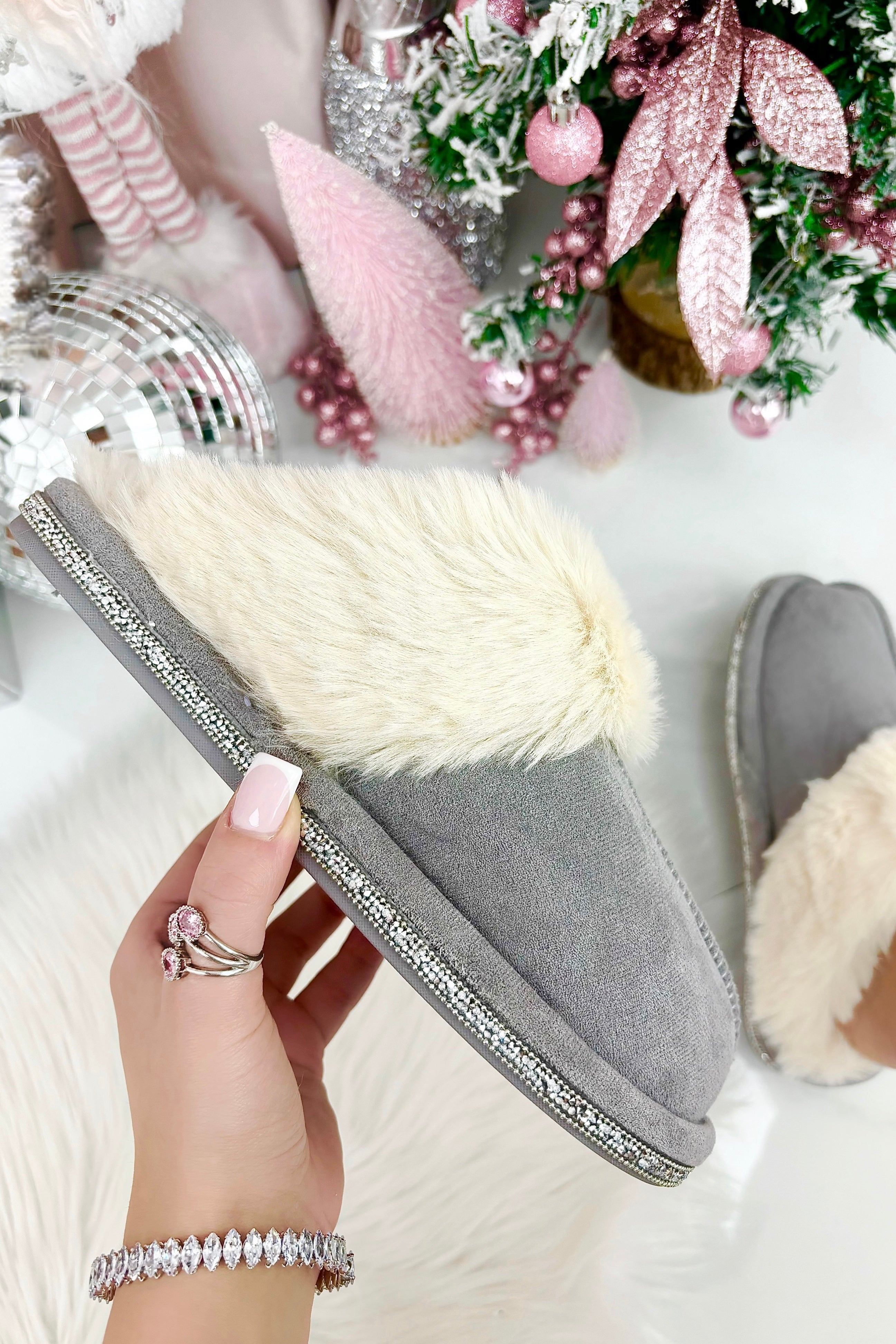 Crystal Trim Cosy Slippers Grey
