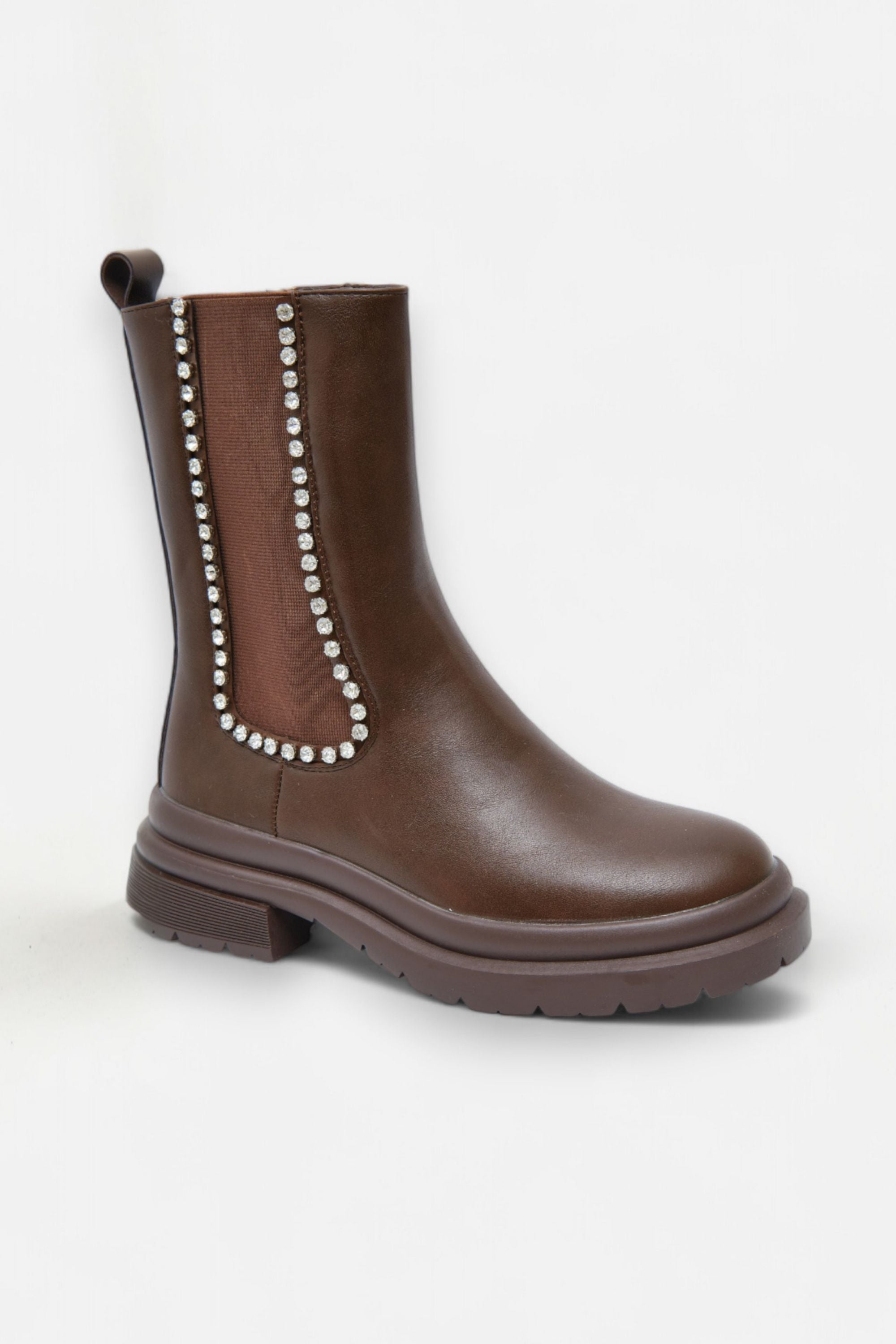 Crystal Drift Luxe Chelsea Boots Brown, featuring premium faux leather with smooth matte finish