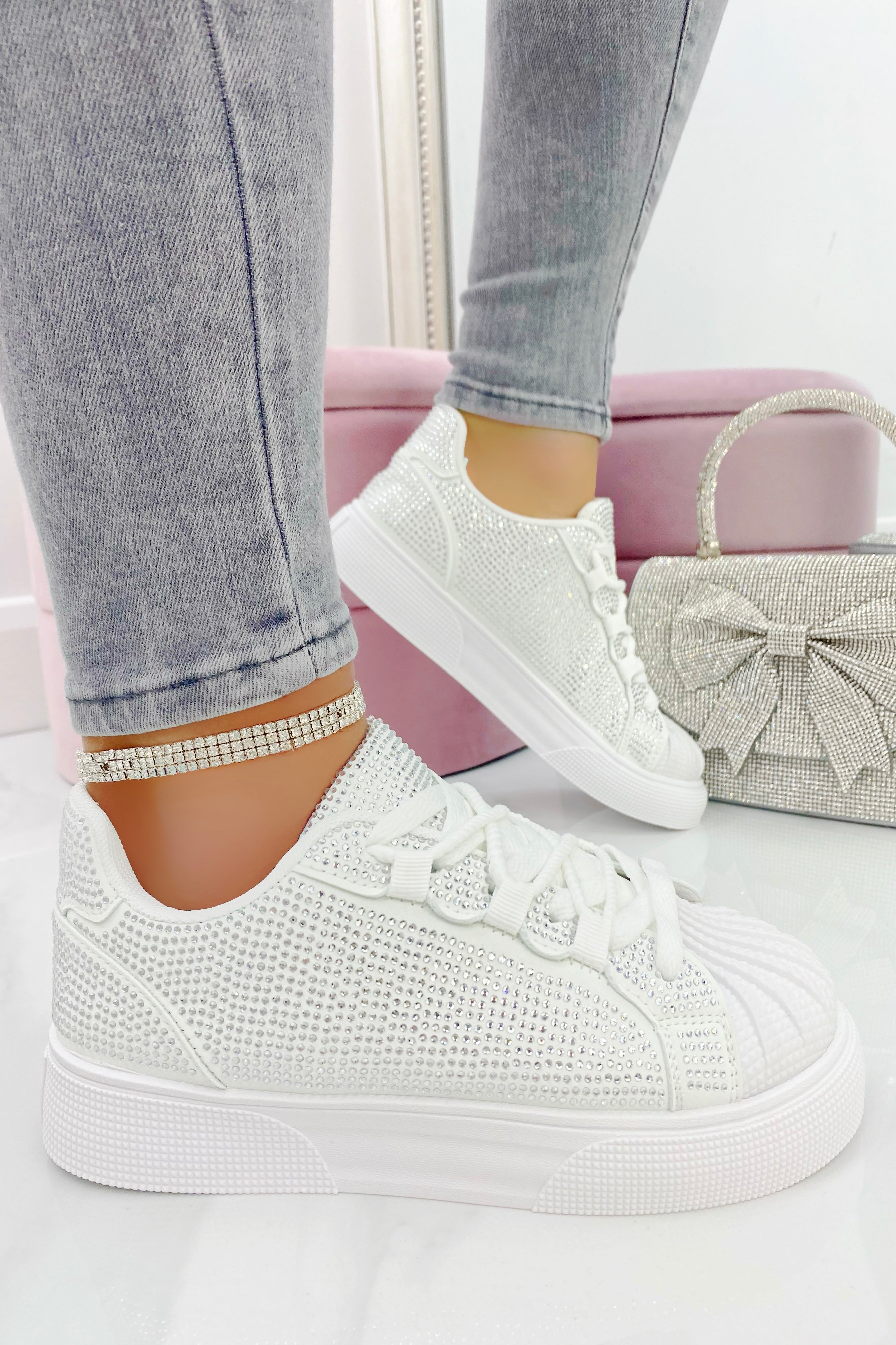 Sparkly Crystal Eternal Trainers White Imperfections, with a closer look at the design details