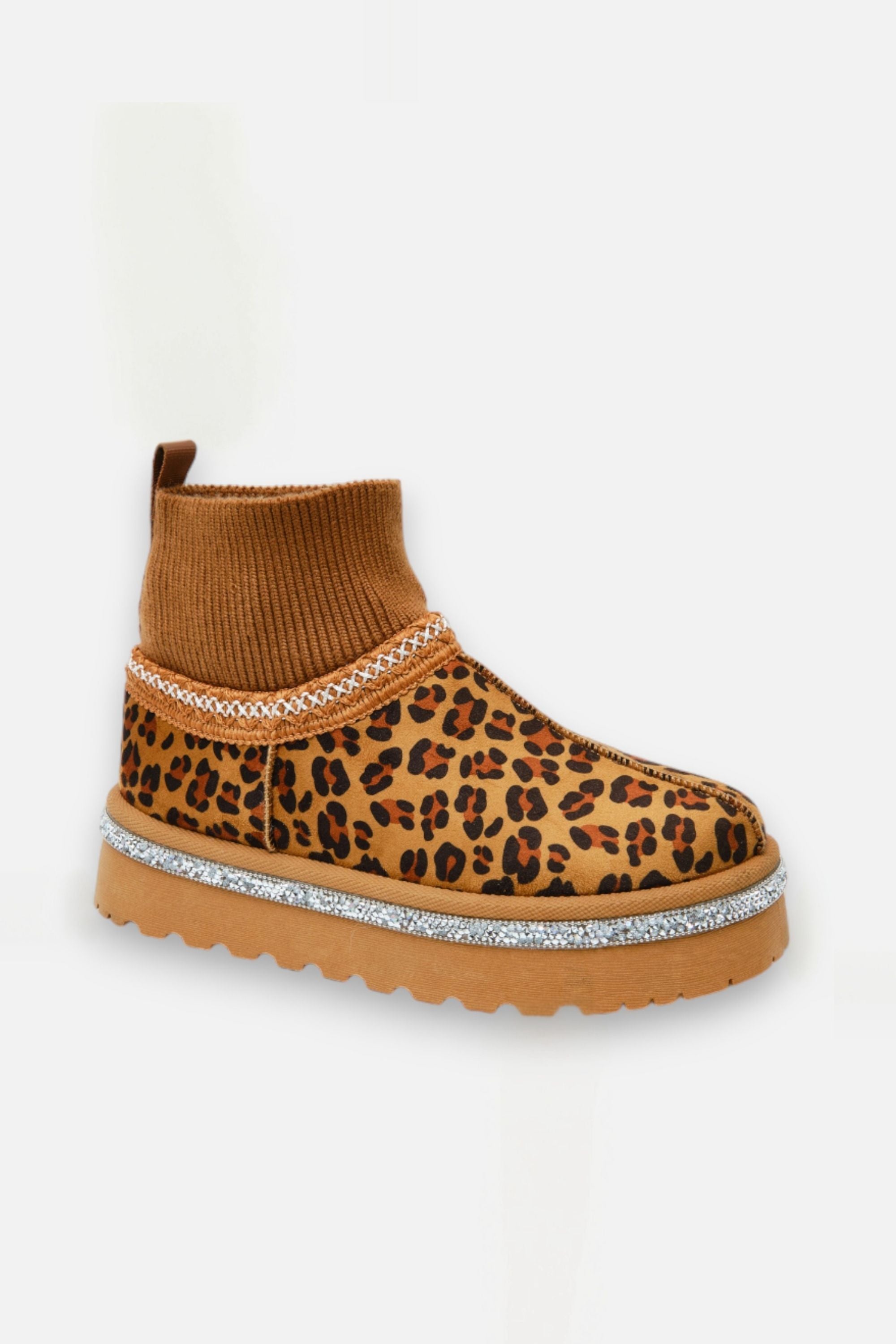 Sparkly Stretch Sock Warmer Mini Snugg Slipper Boots Leopard, focused on crystal Trim