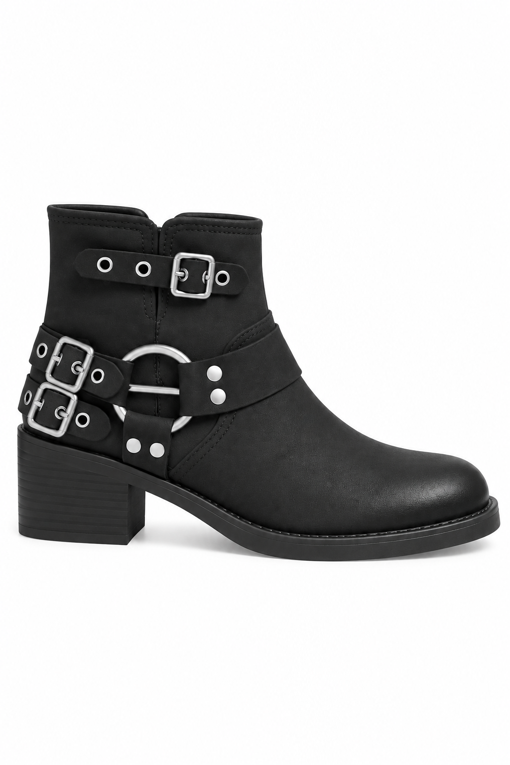 Ryder Luxe Harness Buckle Biker Low Heel Zip Up Faux Leather Ankle Boots Black