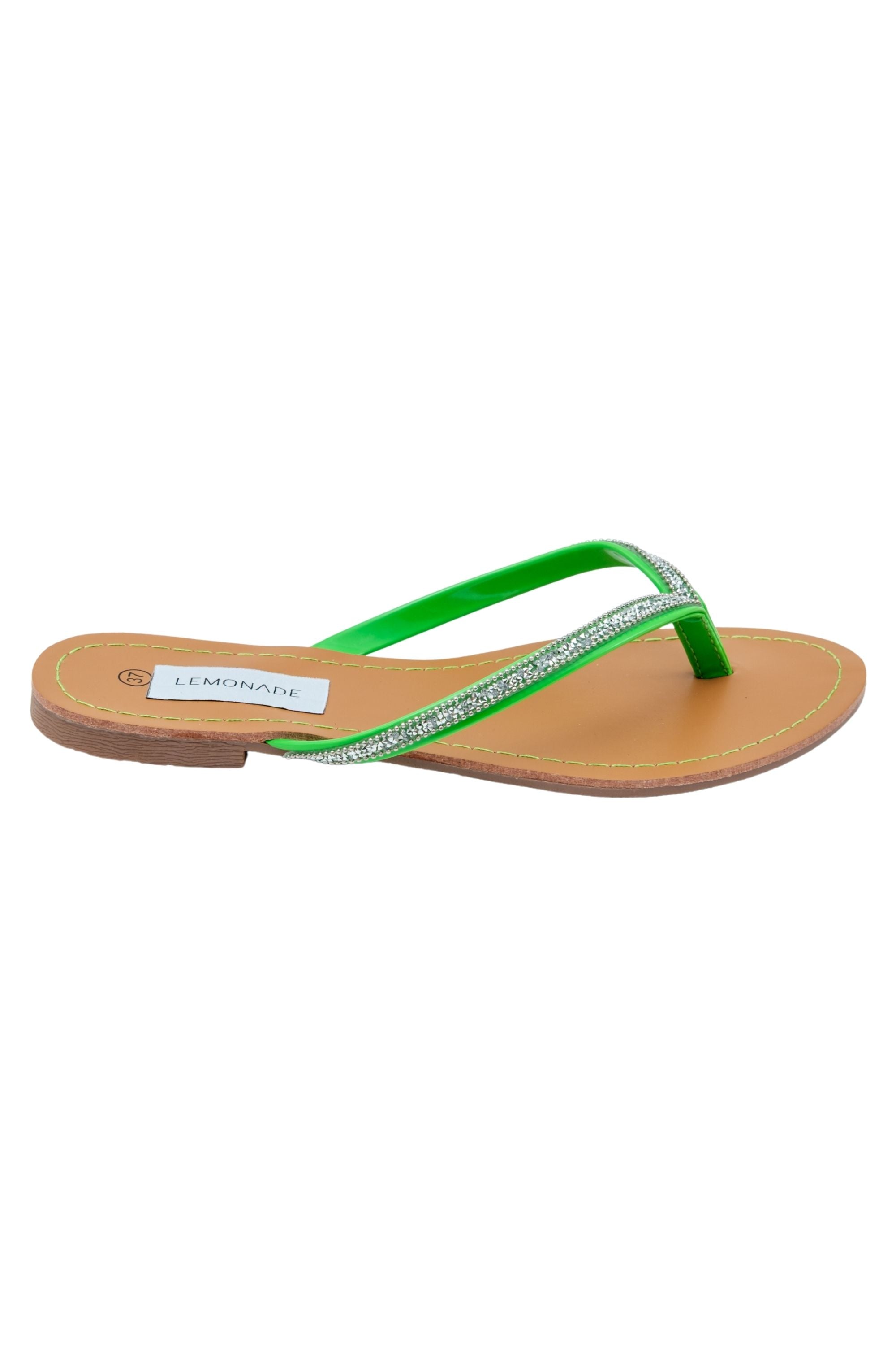Crystal Sparkle Flip Flops Neon Green, with a closer look at the design details