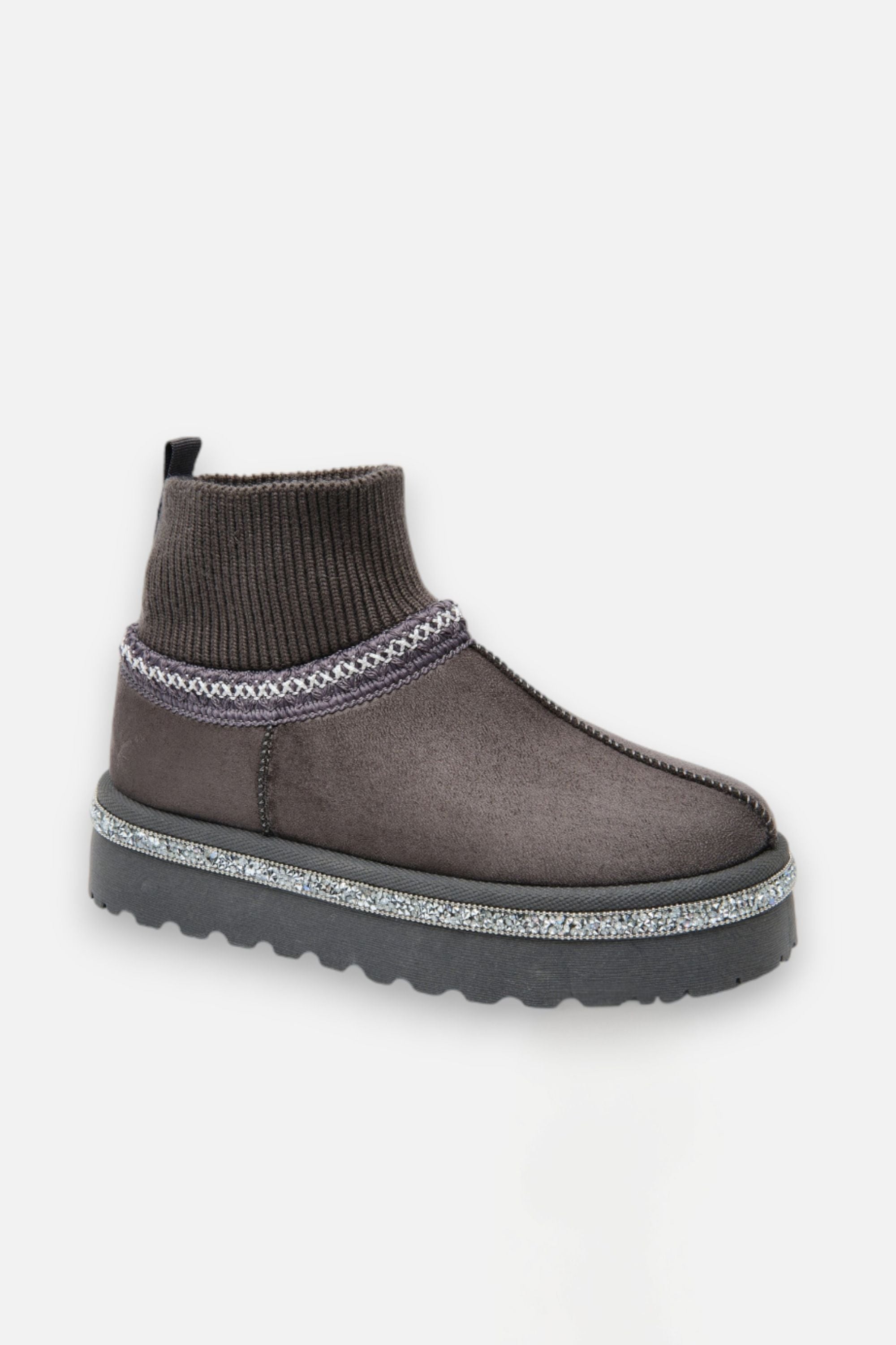 Sparkly Stretch Sock Warmer Mini Snugg Slipper Boots Grey, drawing attention to crystal Trim