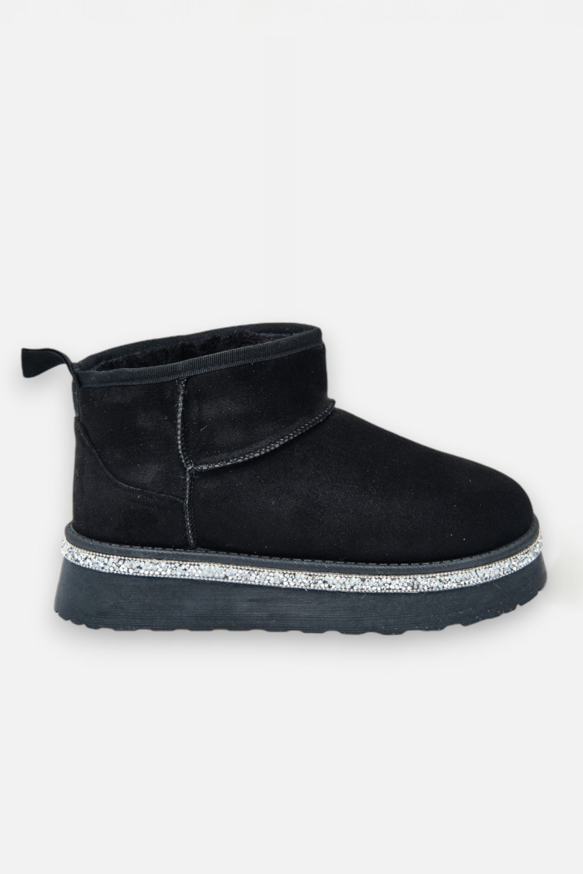 Crystal Trim Platform Ultra Mini Snugg Boots Black, highlighting platform sole