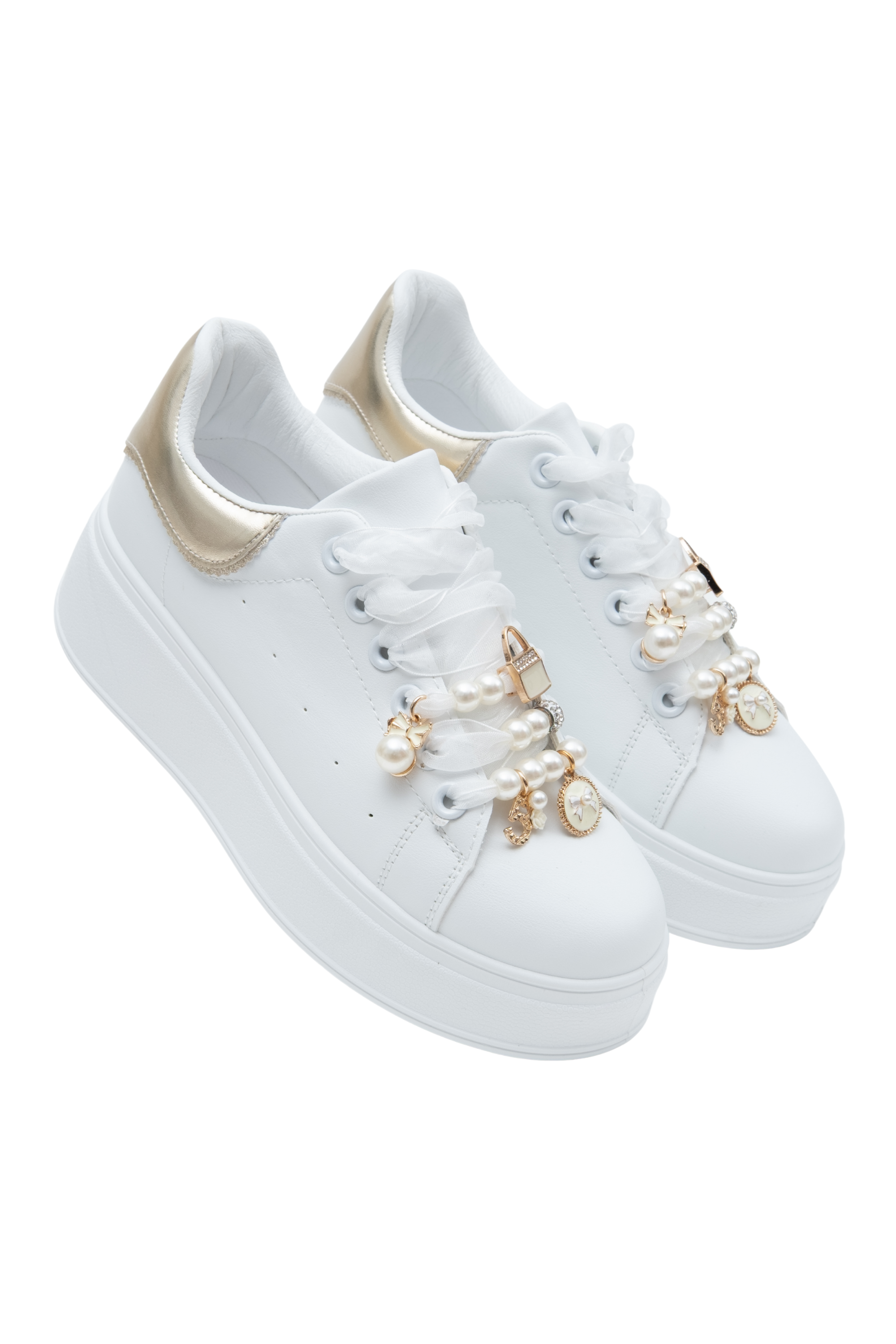 Sparkly Pearl Charm Trainers Gold, featuring organza-style ribbon laces (white laces included)