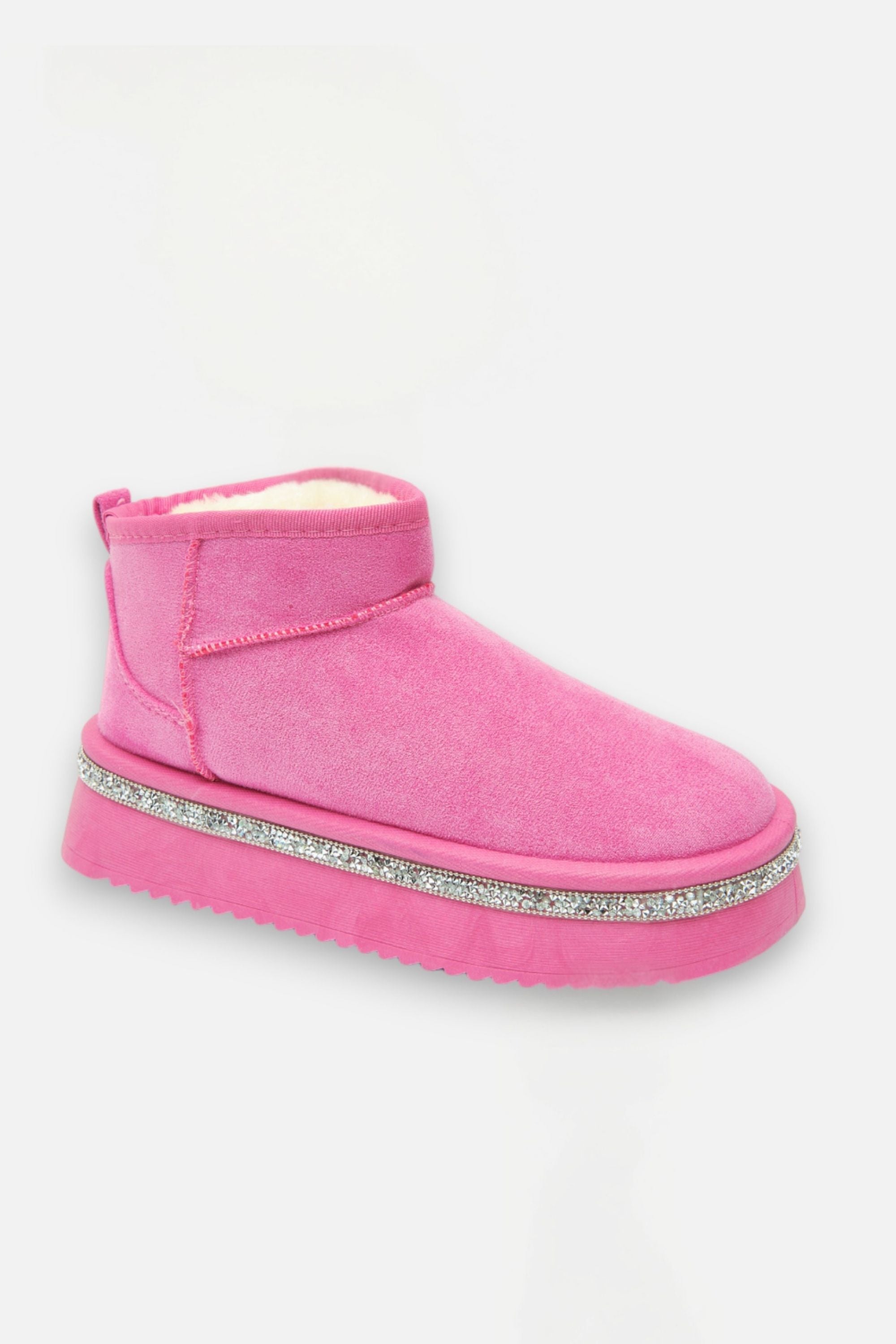 Sparkly Trim Platform Ultra Mini Snugg Boots Hot Pink, drawing attention to faux fur lining