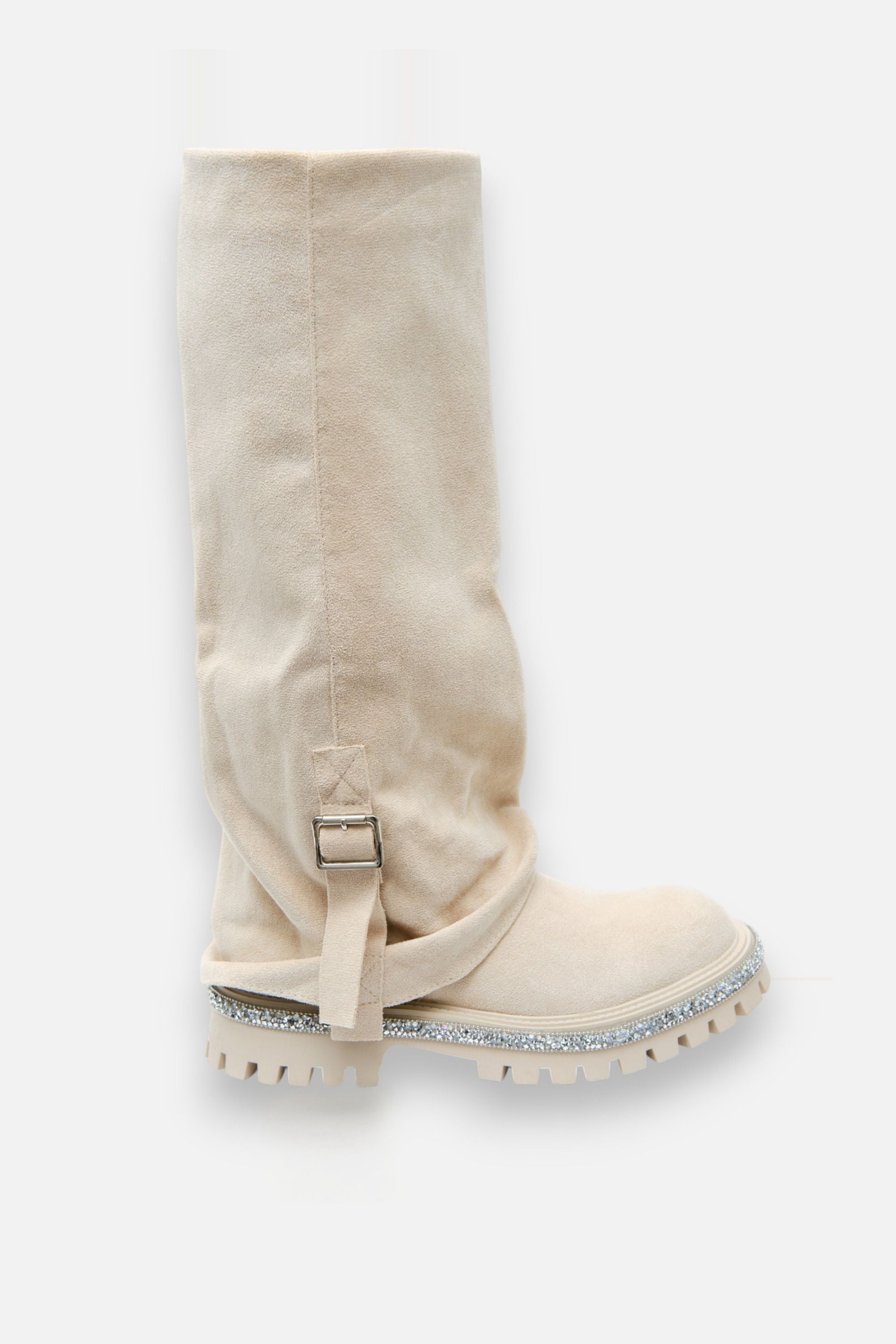 Crystal Trim Wild Obsession Knee High Boots Nude, highlighting smooth synthetic interior for comfort
