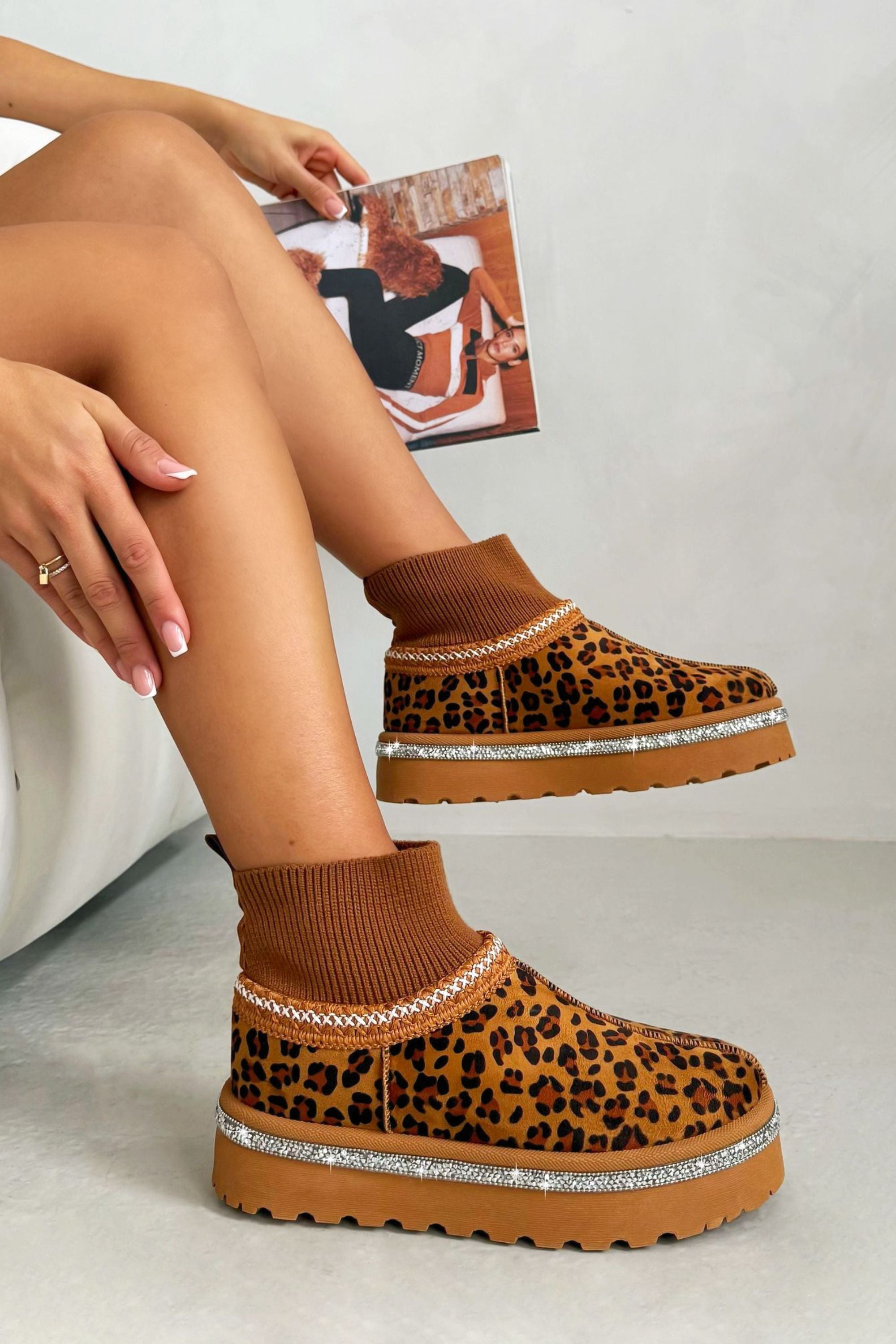 Sparkly Stretch Sock Warmer Mini Snugg Slipper Boots Leopard designed with giftable, trendy finish