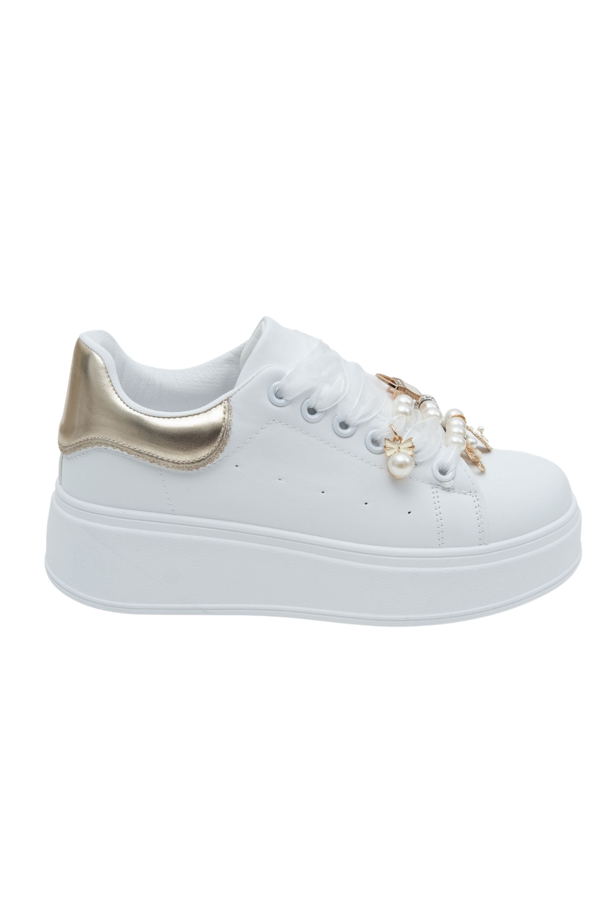 Sparkly Pearl Charm Trainers Gold, featuring chunky rubber sole for all-day comfort