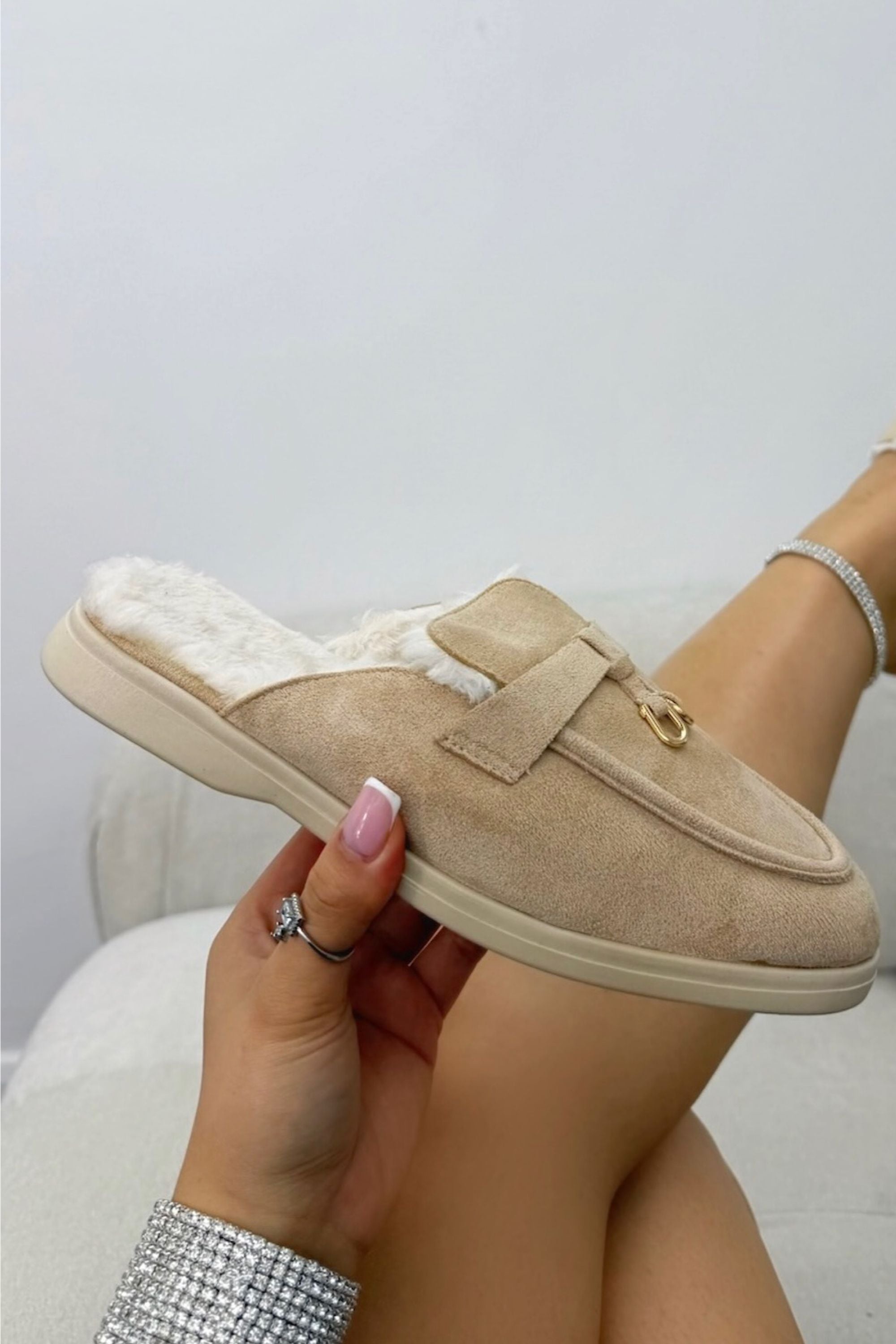 Velvet Crush Faux Fur Lined Slip-On Clog Mules Nude, highlighting velvet-effect outer with a soft, luxe feel