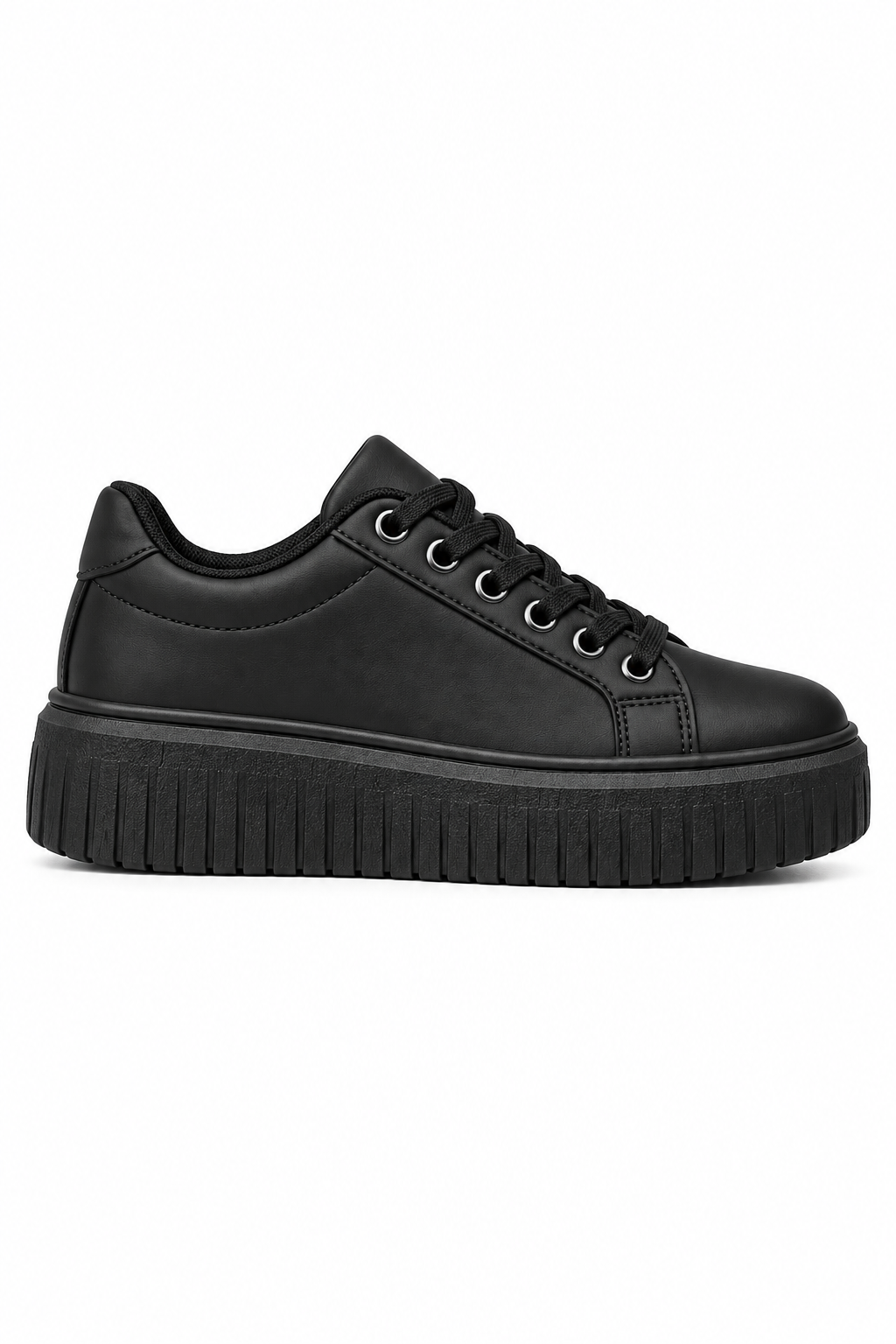 Black sneaker with black sole on a light gray background