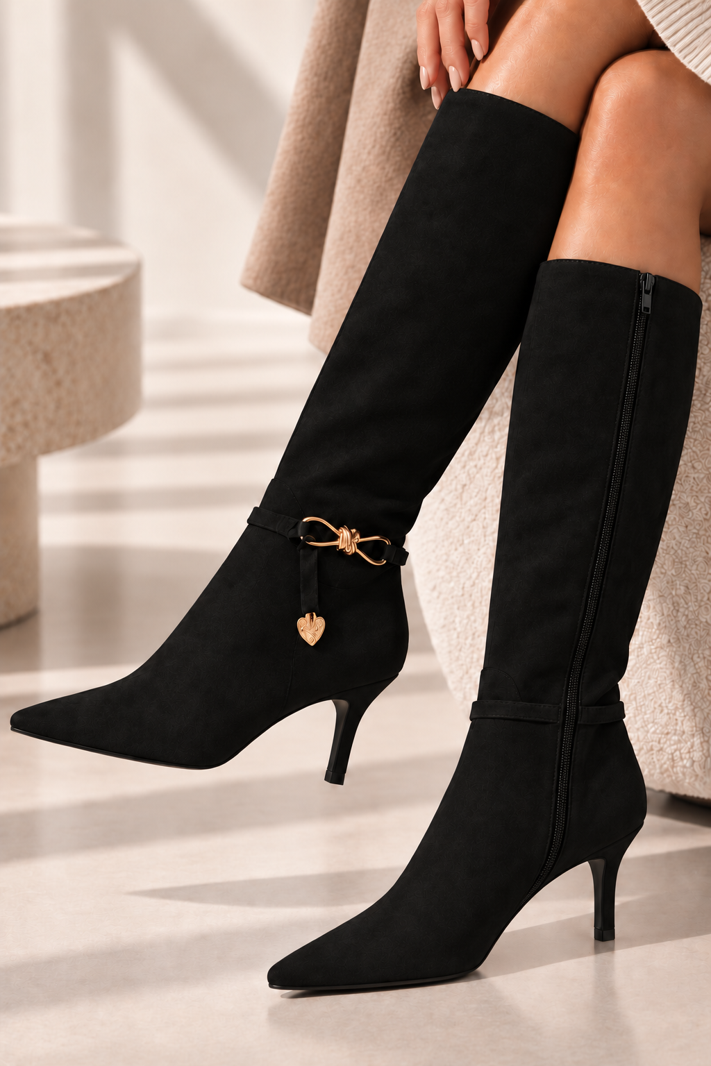 Beaumont Luxe Charm Pointed Toe Faux Suede Kitten Heel Knee High Boots Black