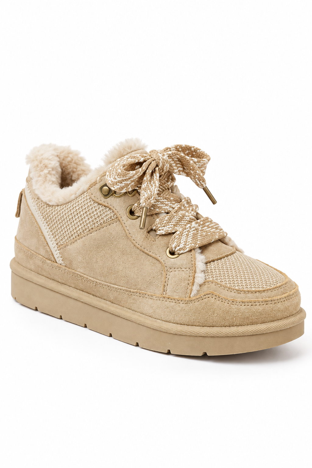 Hudson Comfort Faux Suede Check Lace Faux Fur Lined Trainers Mocha