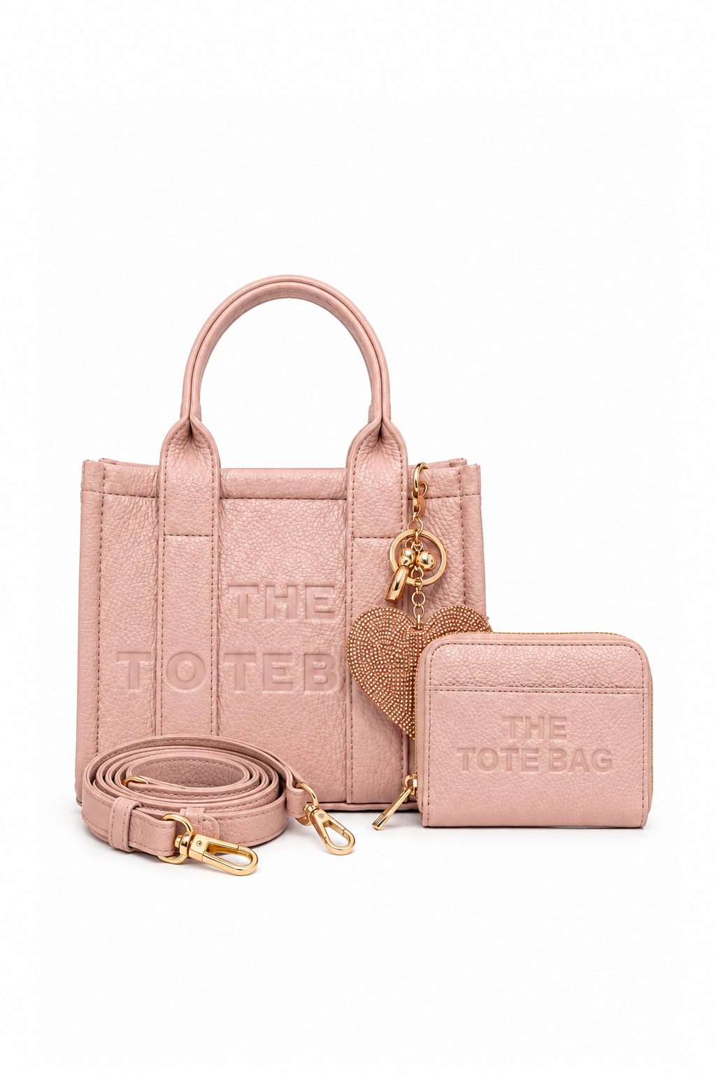 Faux Leather Mini Tote Bag Pink, Zip Up Tote Bag Purse Pink & Padded Heart Keyring Gold Bundle