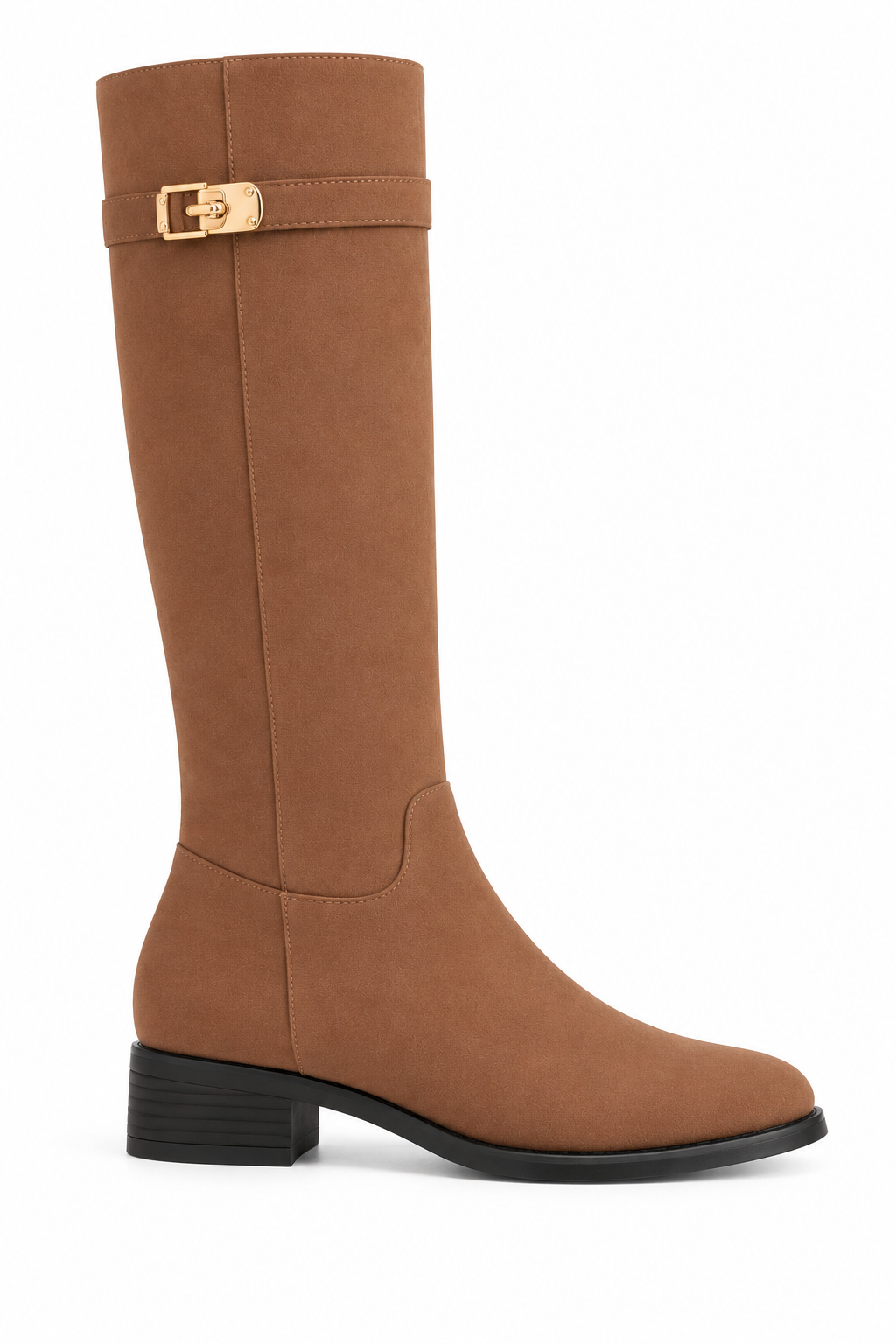 Mayfair Luxe Iconic Buckle Faux Suede Knee High Zip Up Buckle Boots Camel