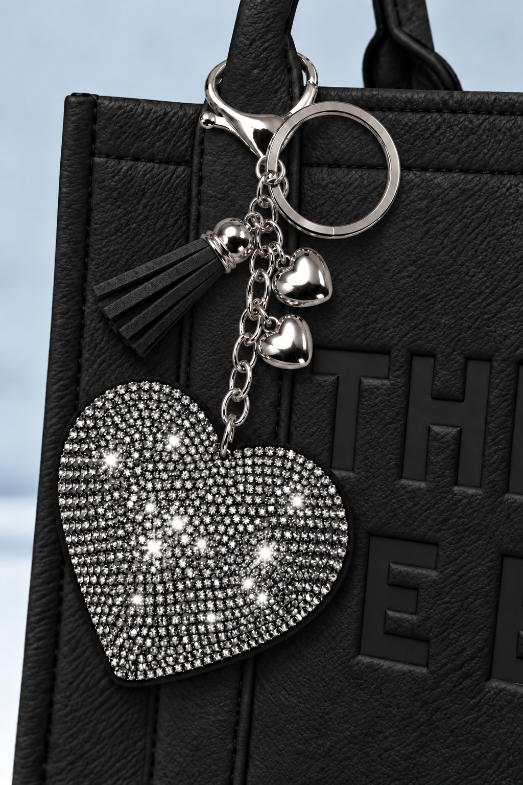 Crystal Padded Heart Bag Charm Keyring Silver & Black